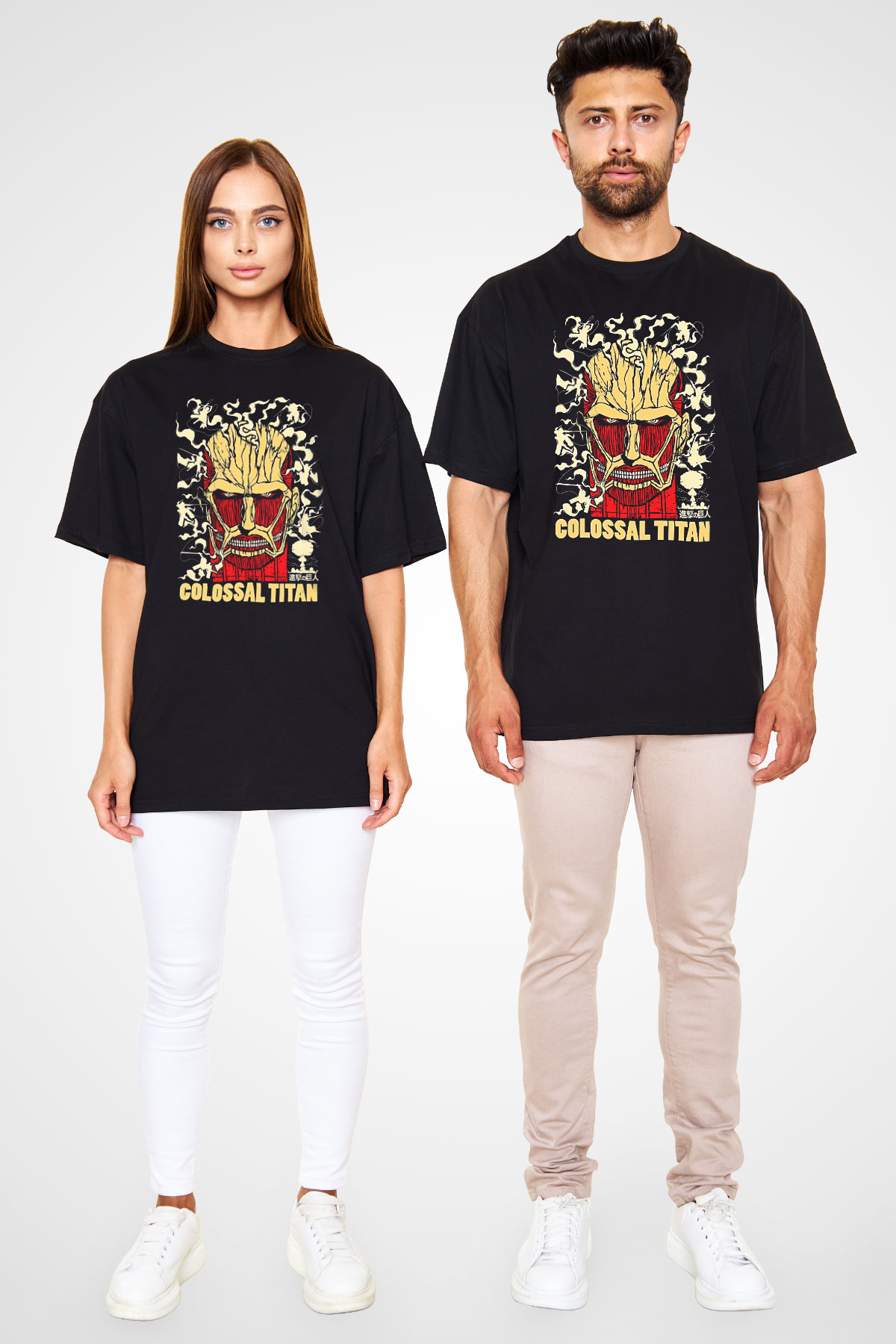 Attack On Titan Baskılı Unisex Siyah Oversize Tişört - Tshirt