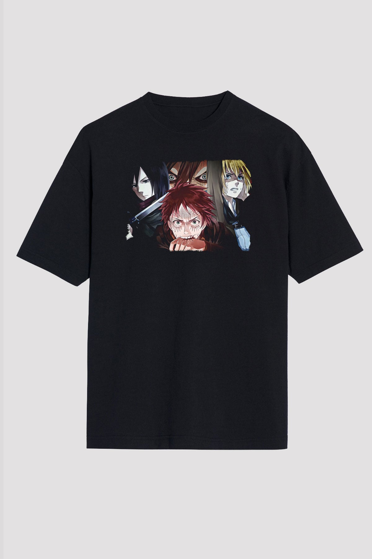 Attack On Titan Baskılı Unisex Siyah Oversize Tişört - Tshirt