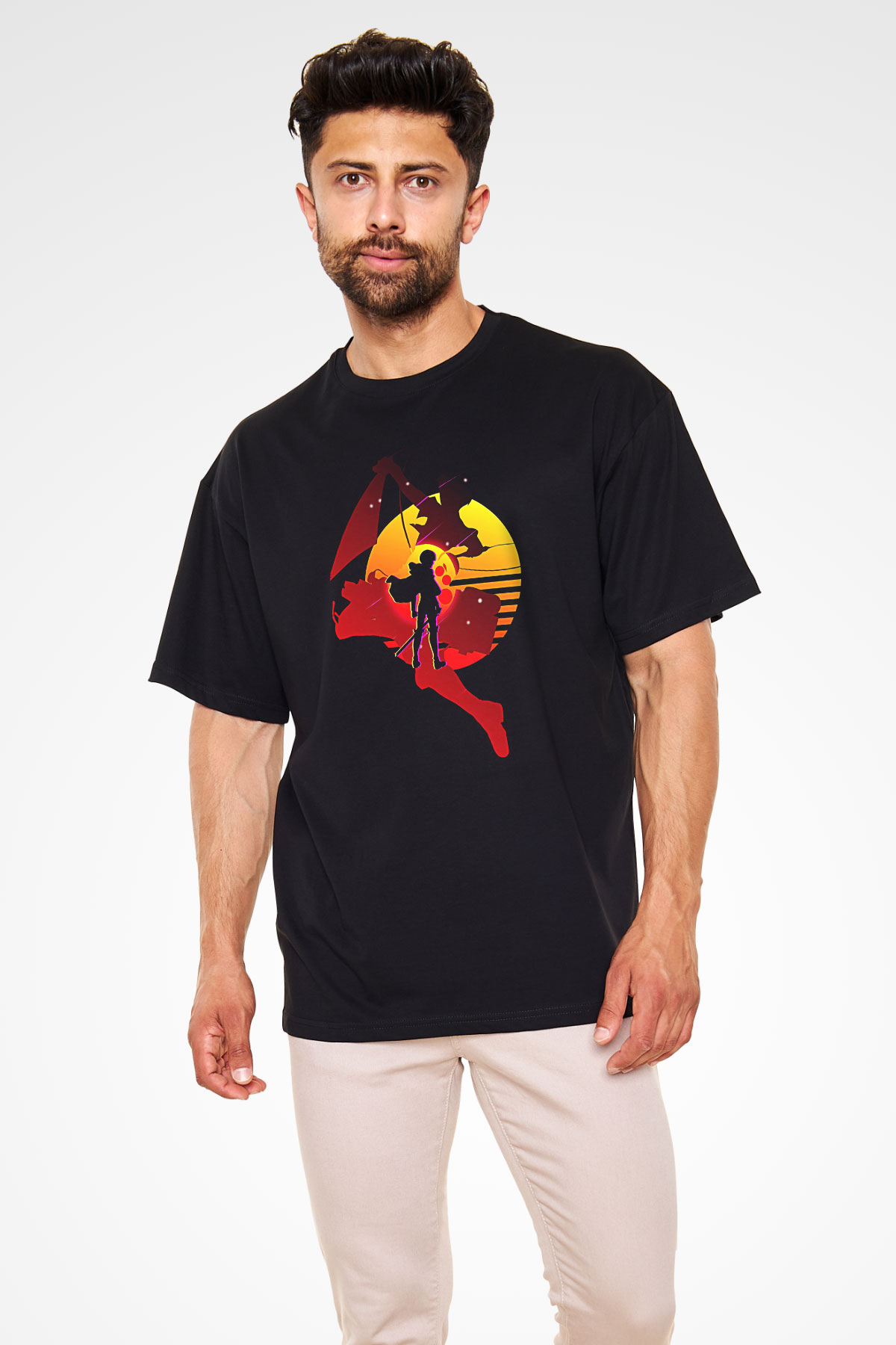 Attack On Titan Baskılı Unisex Siyah Oversize Tişört - Tshirt