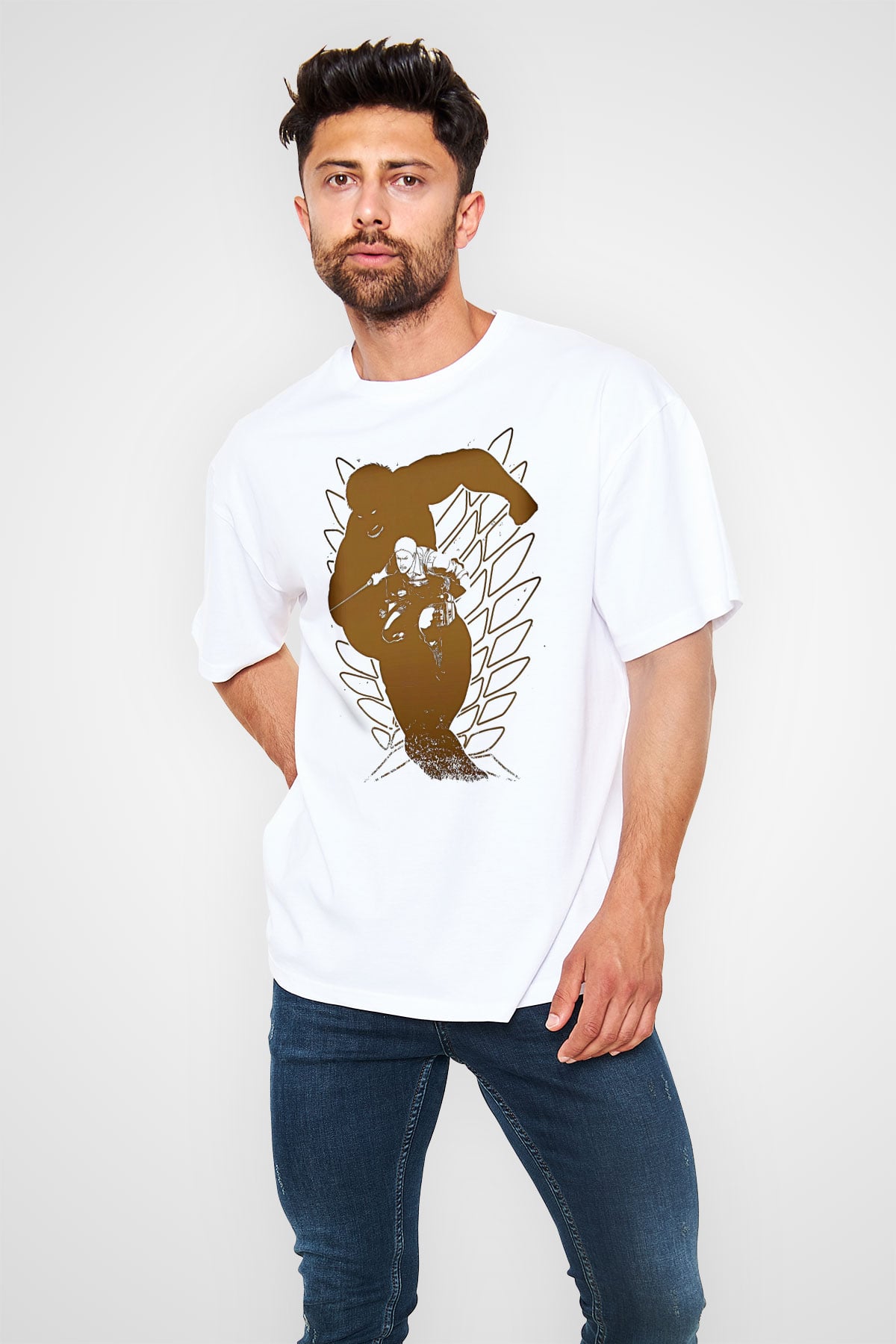 Attack On Titan Baskılı Unisex Siyah Oversize Tişört - Tshirt