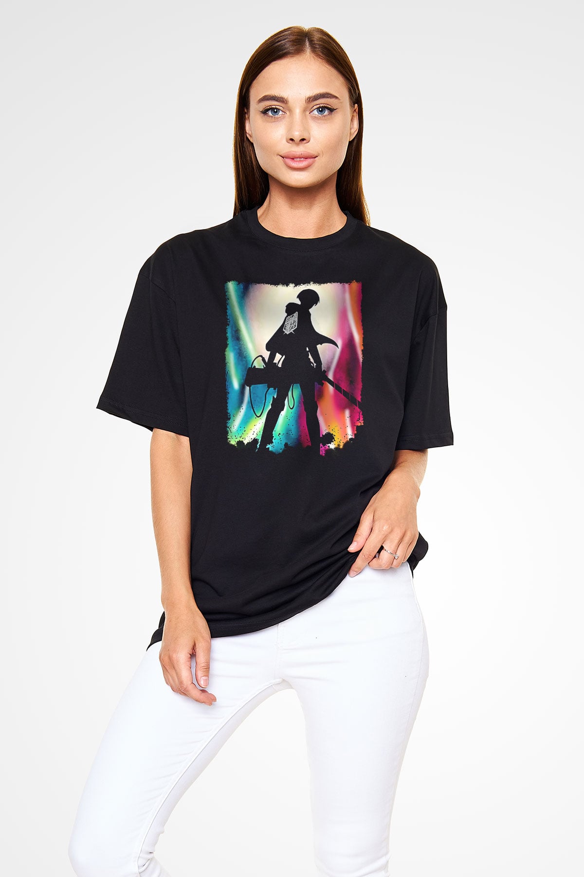 Attack On Titan Baskılı Unisex Siyah Oversize Tişört - Tshirt