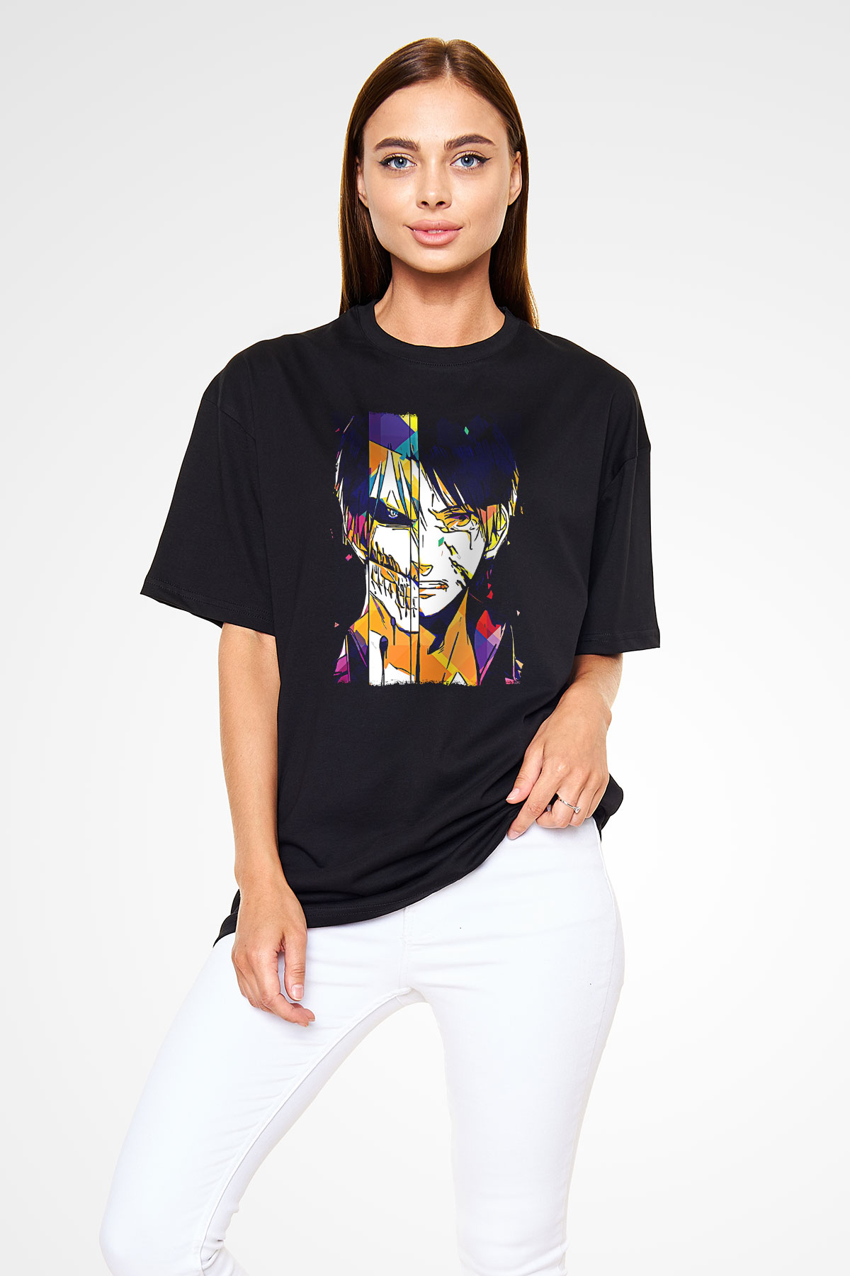 Attack On Titan Baskılı Unisex Siyah Oversize Tişört - Tshirt