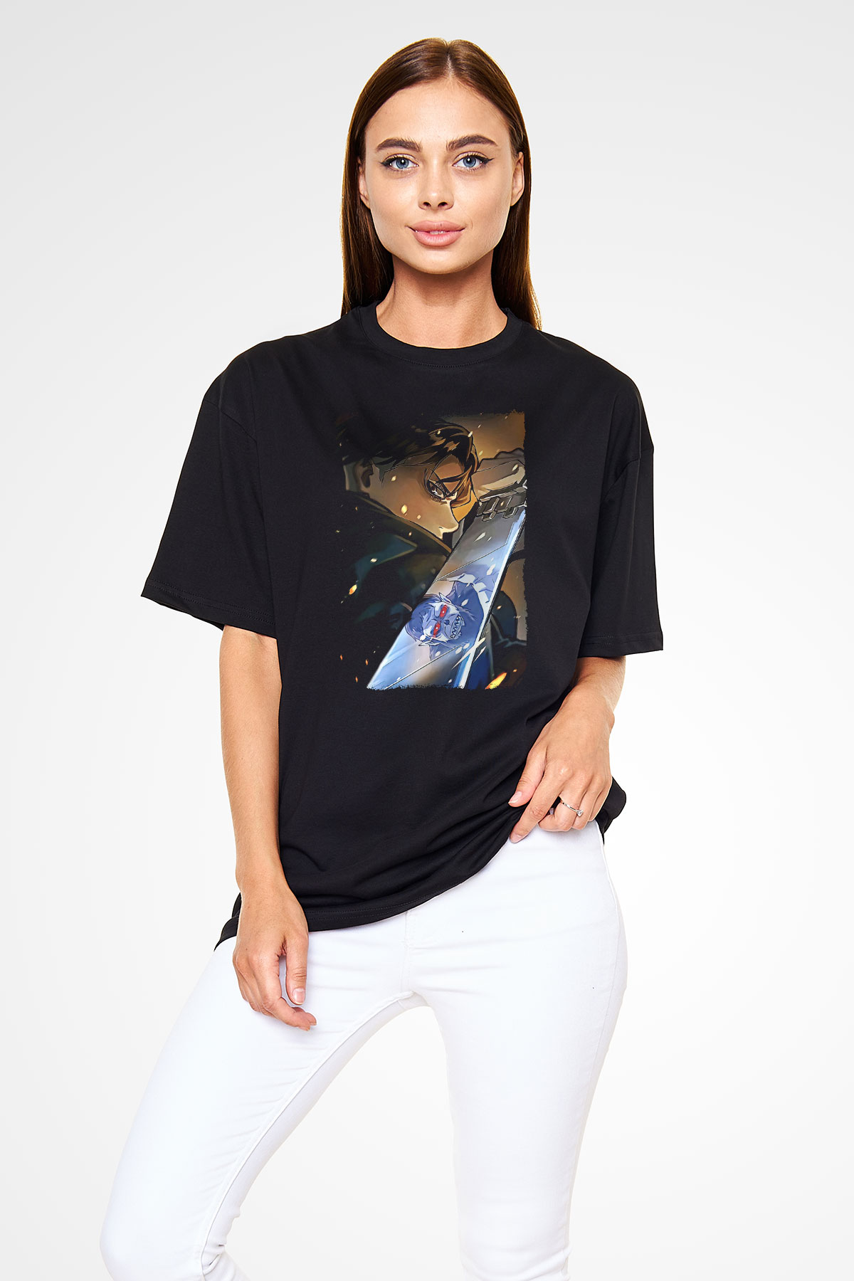 Attack On Titan Baskılı Unisex Siyah Oversize Tişört - Tshirt