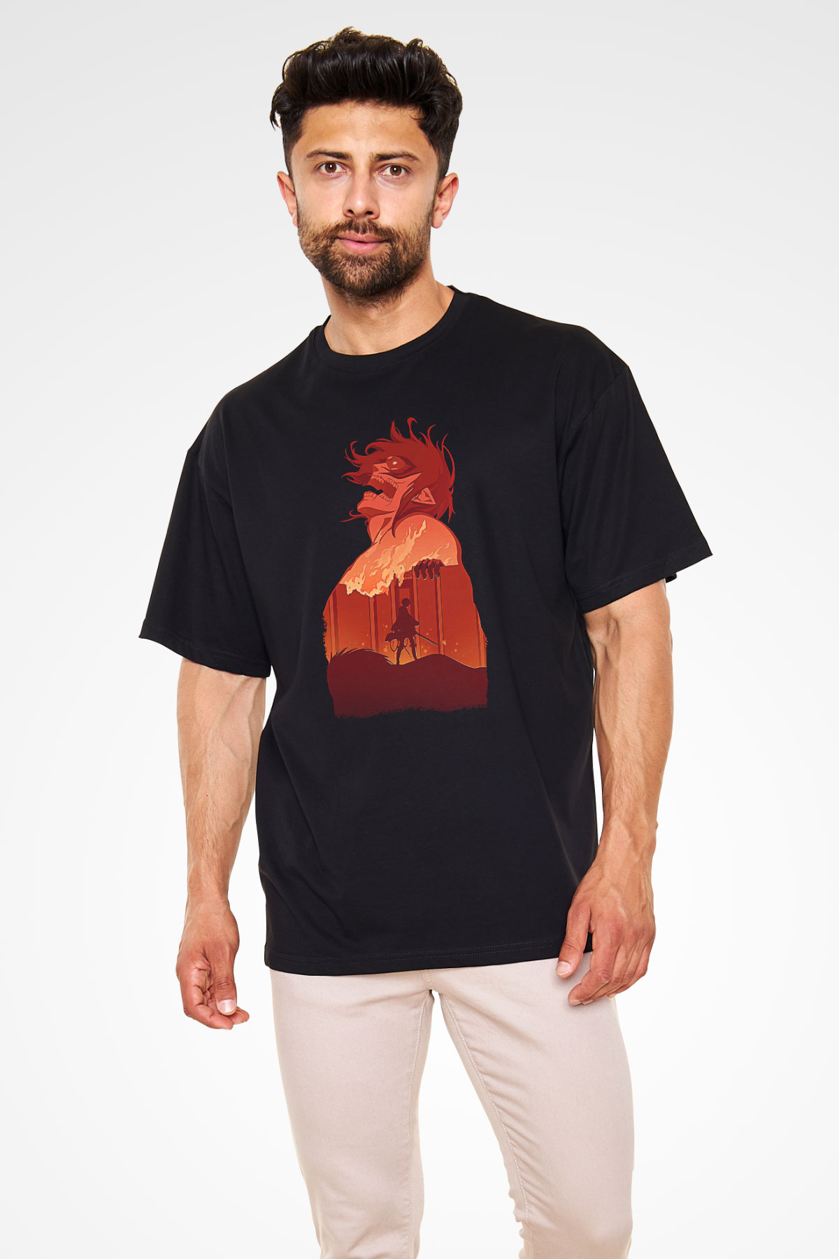 Attack On Titan Baskılı Unisex Siyah Oversize Tişört - Tshirt