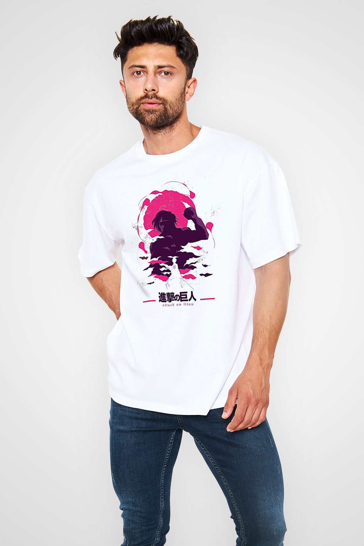 Attack On Titan Baskılı Unisex Siyah Oversize Tişört - Tshirt