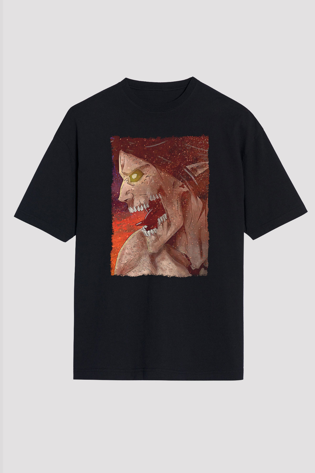 Attack On Titan Baskılı Unisex Siyah Oversize Tişört - Tshirt