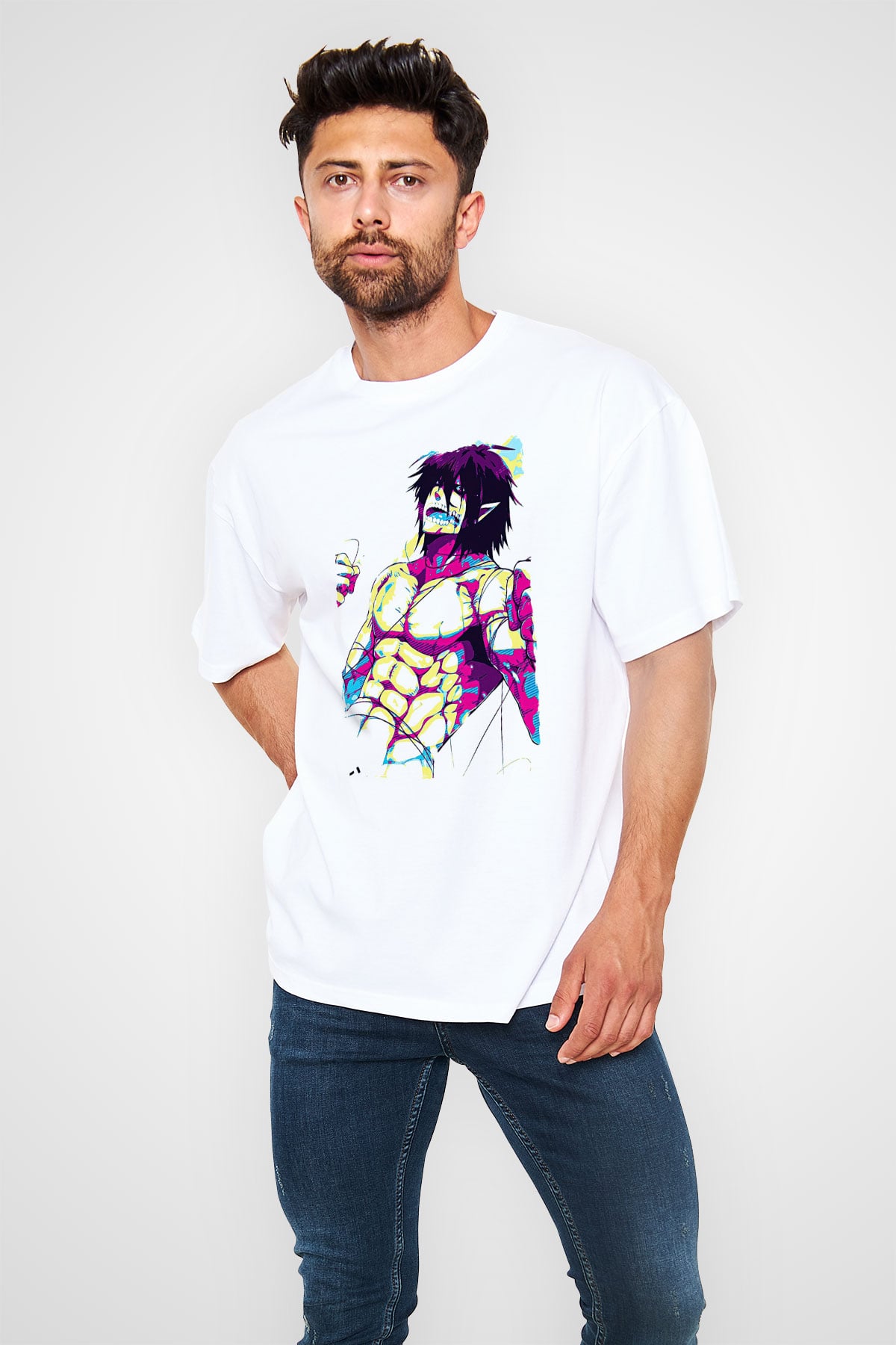 Attack On Titan Baskılı Unisex Siyah Oversize Tişört - Tshirt