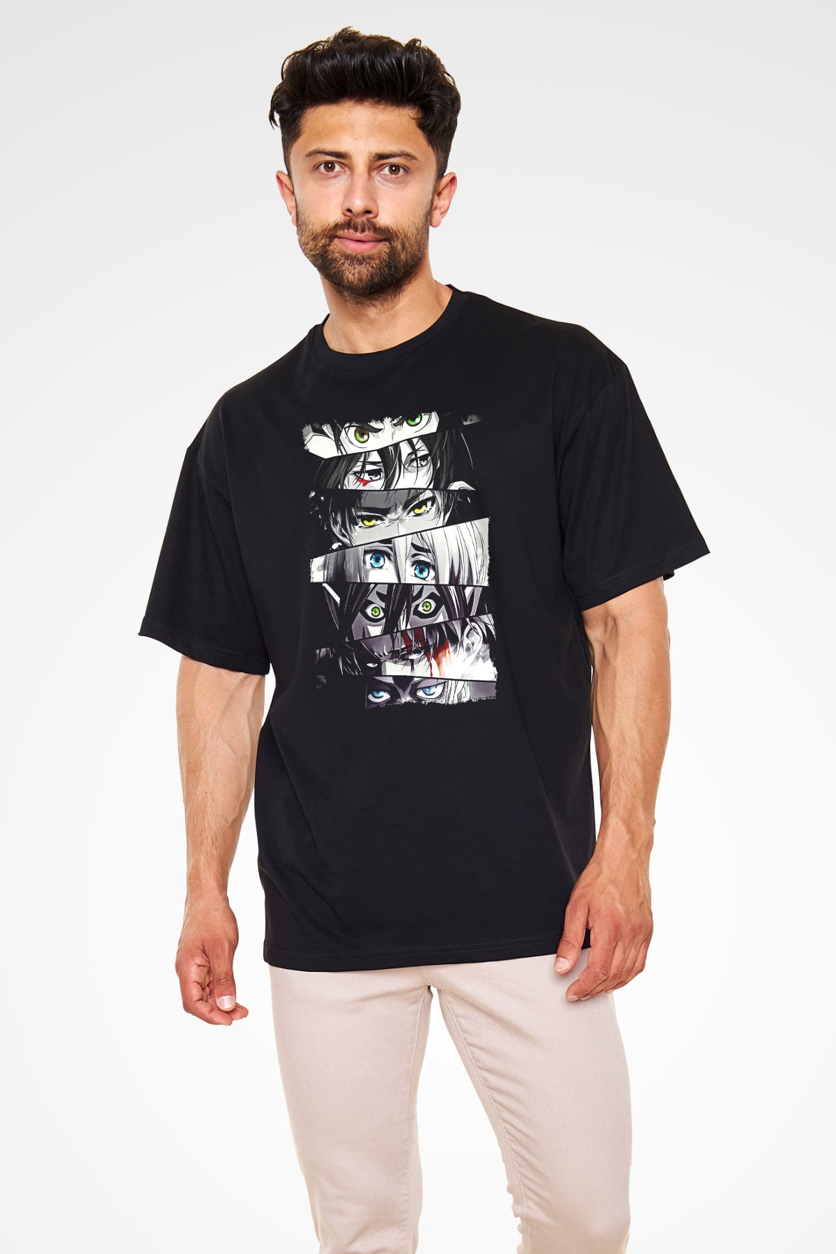 Attack On Titan Baskılı Unisex Siyah Oversize Tişört - Tshirt
