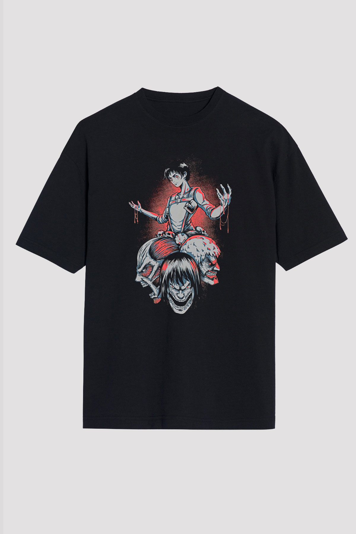 Attack On Titan Baskılı Unisex Siyah Oversize Tişört - Tshirt