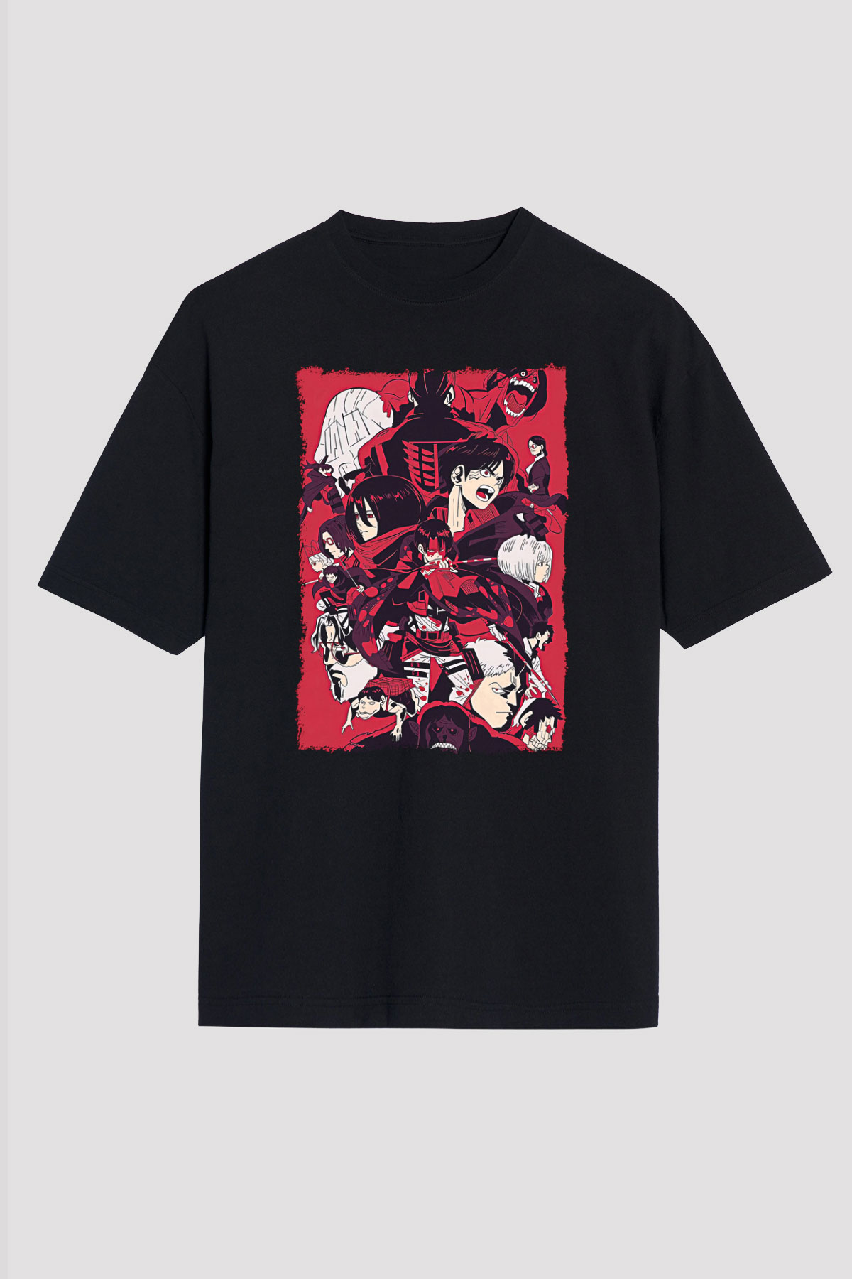 Attack On Titan Baskılı Unisex Siyah Oversize Tişört - Tshirt