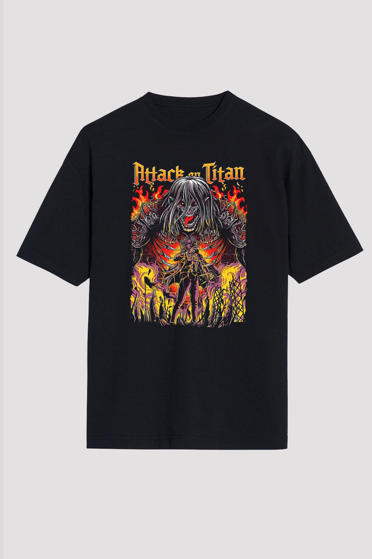 Attack On Titan Baskılı Unisex Siyah Oversize Tişört - Tshirt