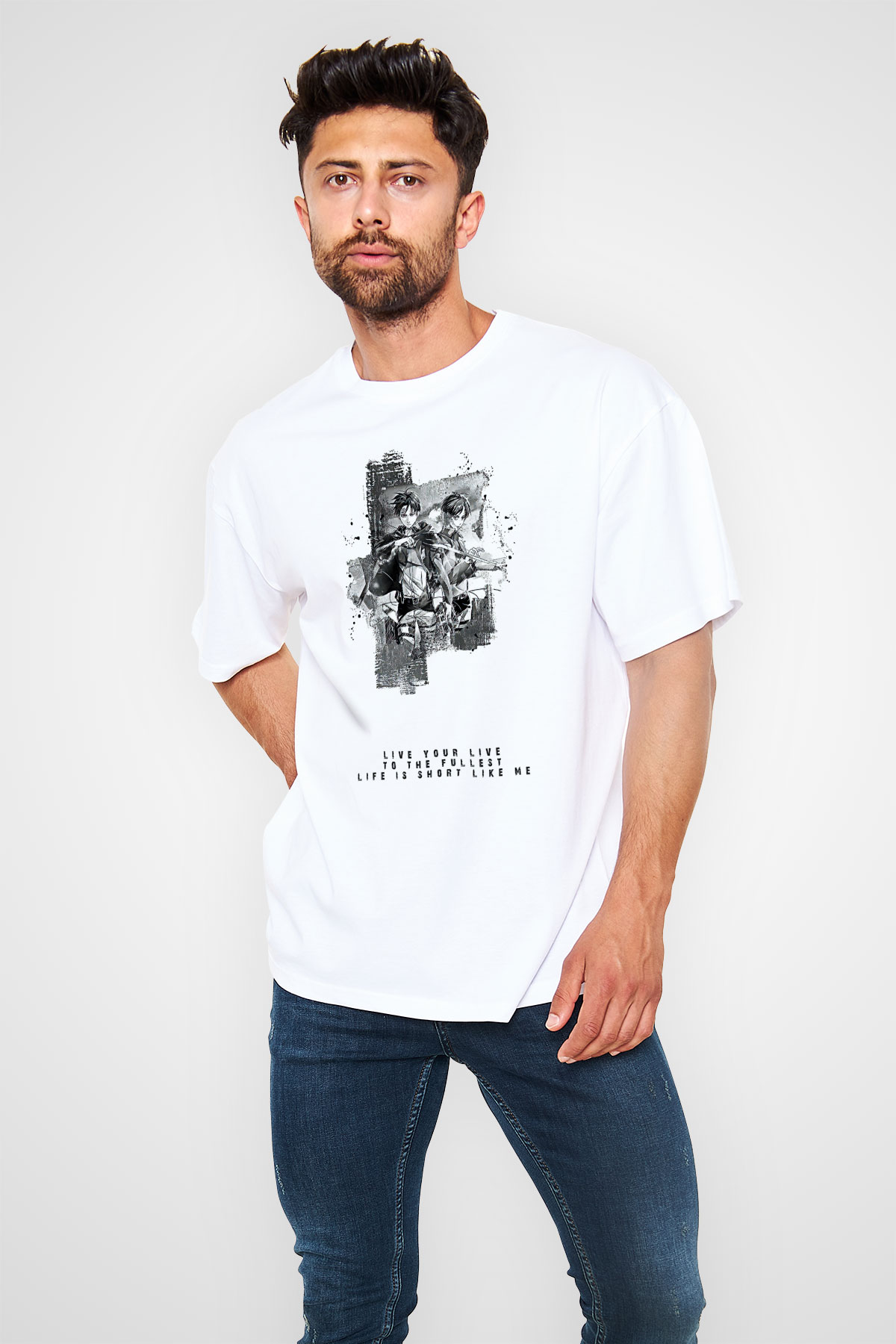 Attack On Titan Baskılı Unisex Siyah Oversize Tişört - Tshirt