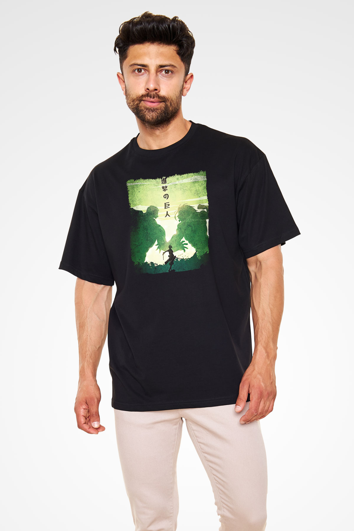 Attack On Titan Baskılı Unisex Siyah Oversize Tişört - Tshirt