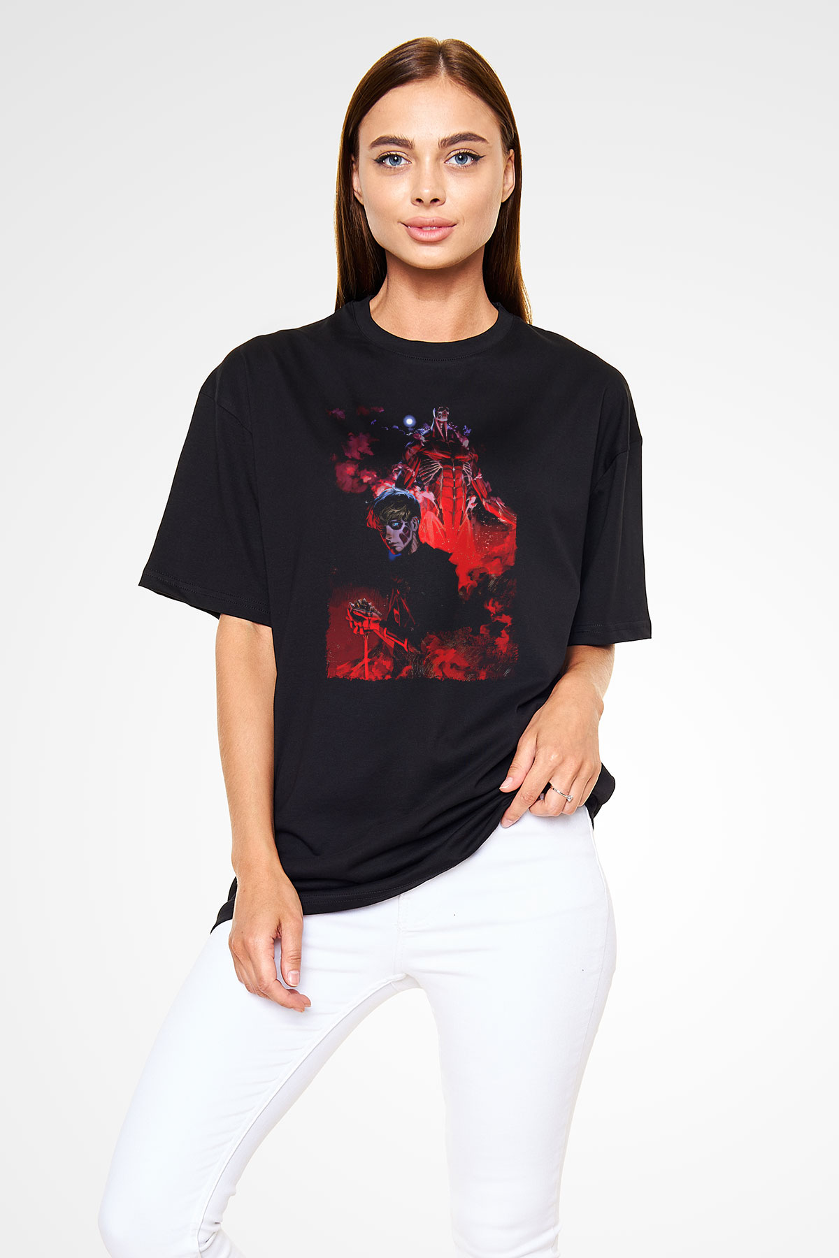 Attack On Titan Baskılı Unisex Siyah Oversize Tişört - Tshirt