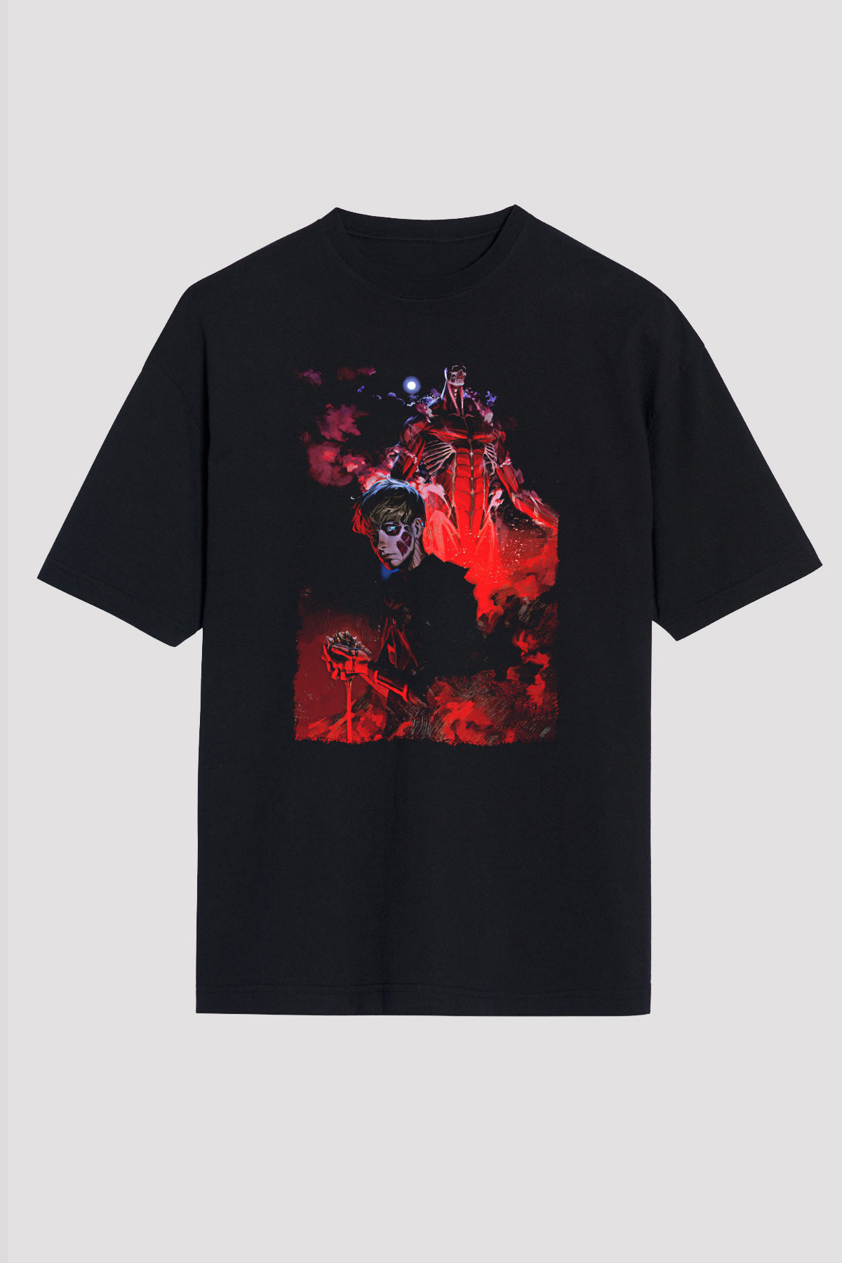 Attack On Titan Baskılı Unisex Siyah Oversize Tişört - Tshirt