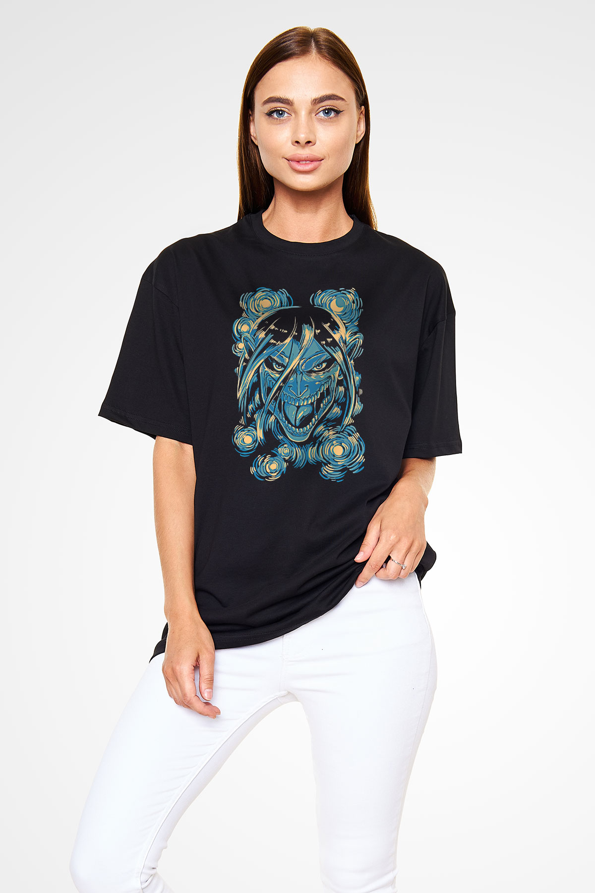 Attack On Titan Baskılı Unisex Siyah Oversize Tişört - Tshirt