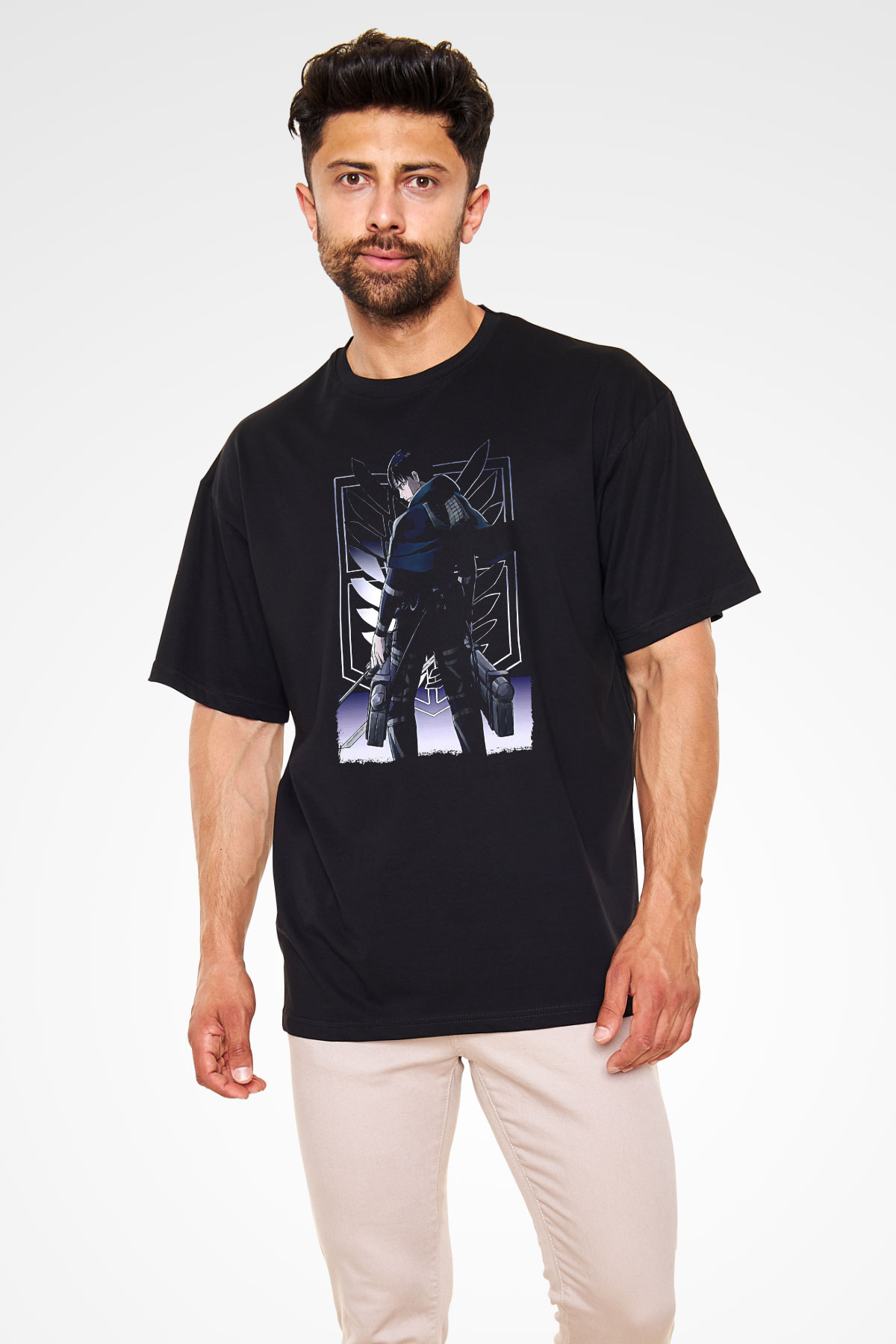 Attack On Titan Baskılı Unisex Siyah Oversize Tişört - Tshirt