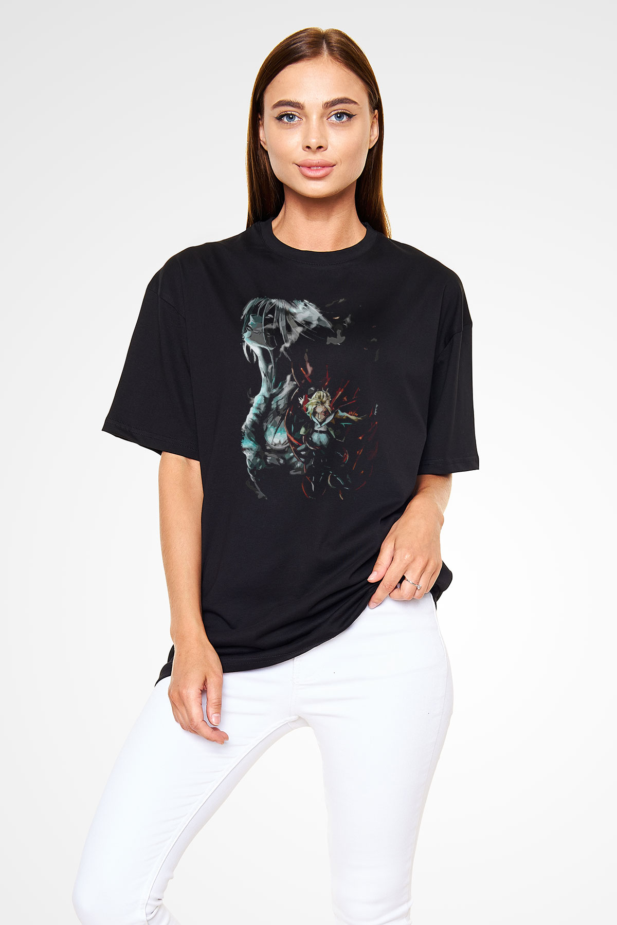 Attack On Titan Baskılı Unisex Siyah Oversize Tişört - Tshirt