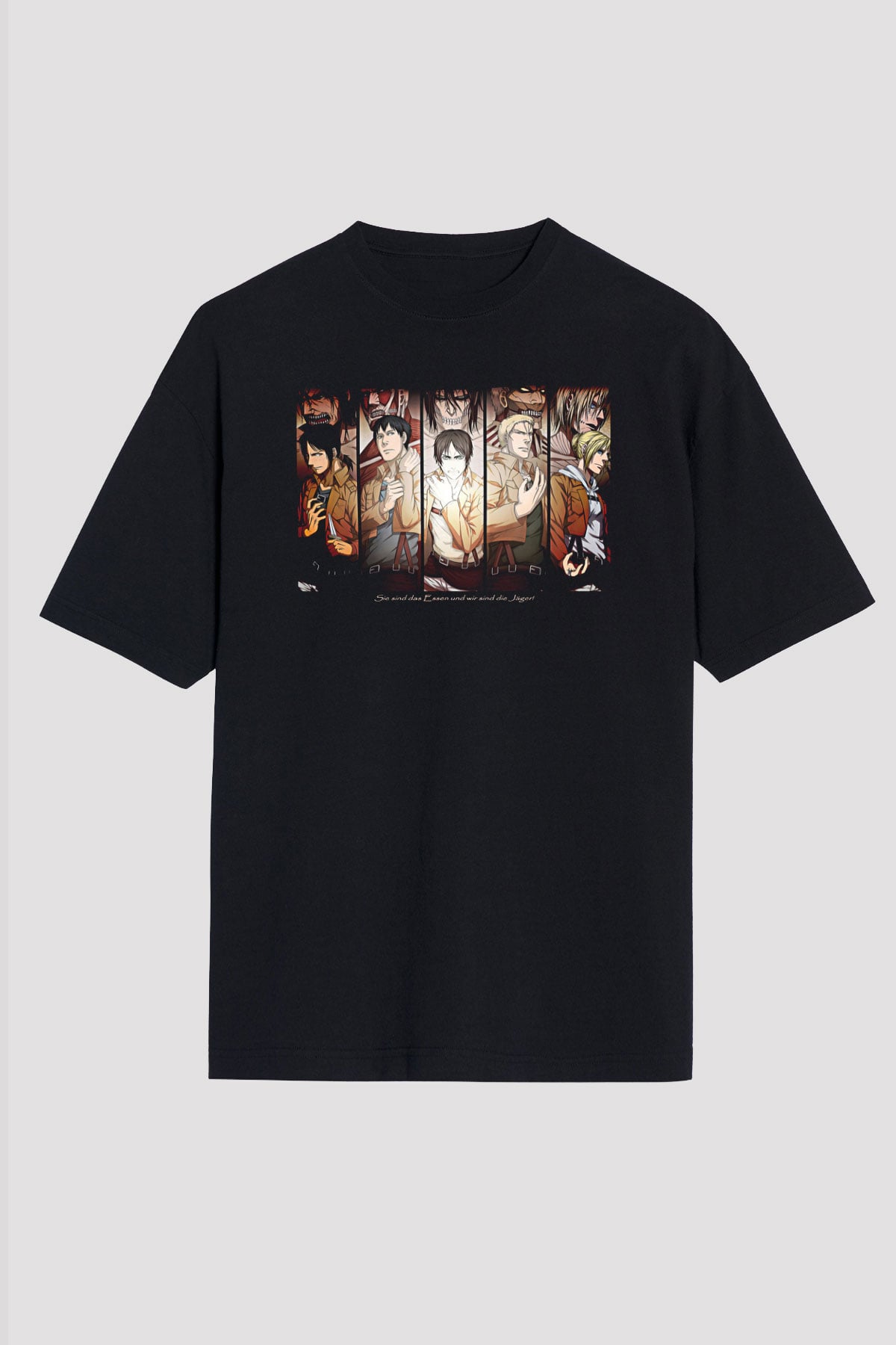 Attack On Titan Baskılı Unisex Siyah Oversize Tişört - Tshirt