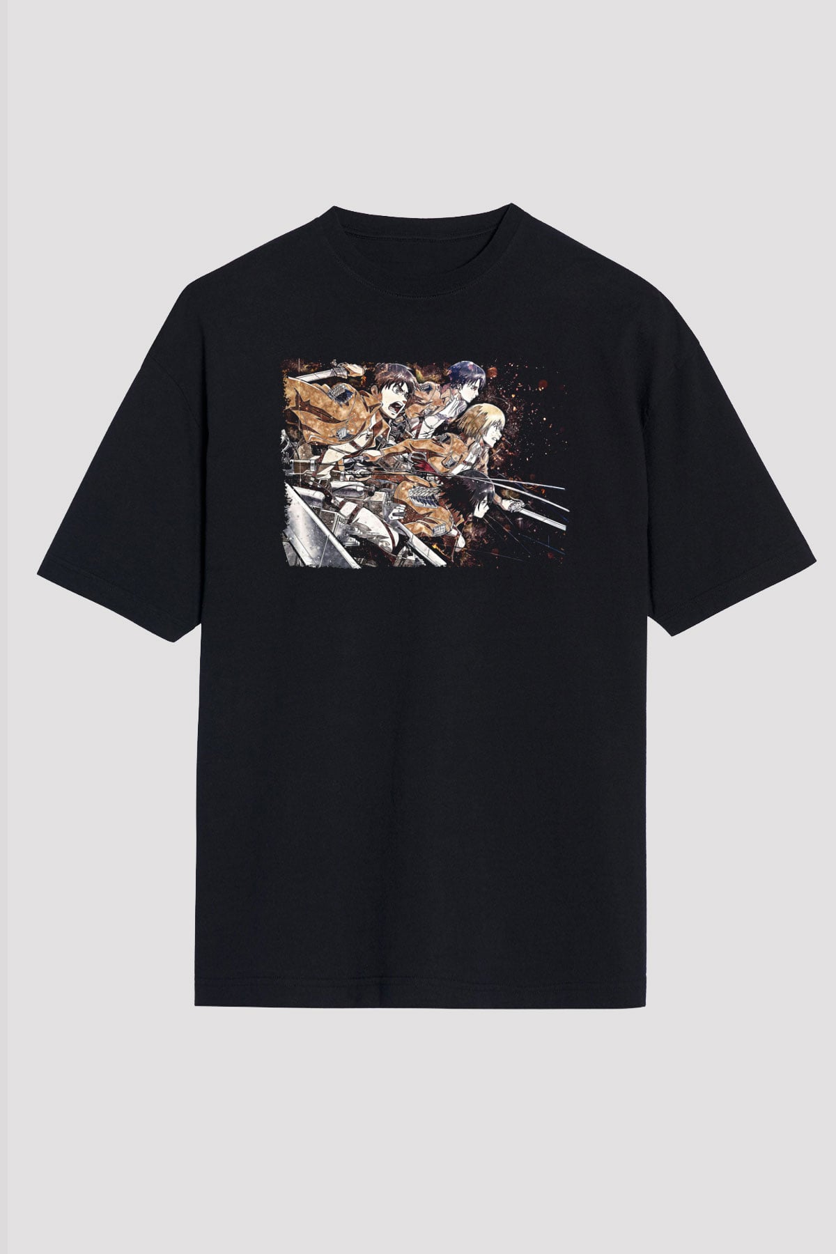 Attack On Titan Baskılı Unisex Siyah Oversize Tişört - Tshirt