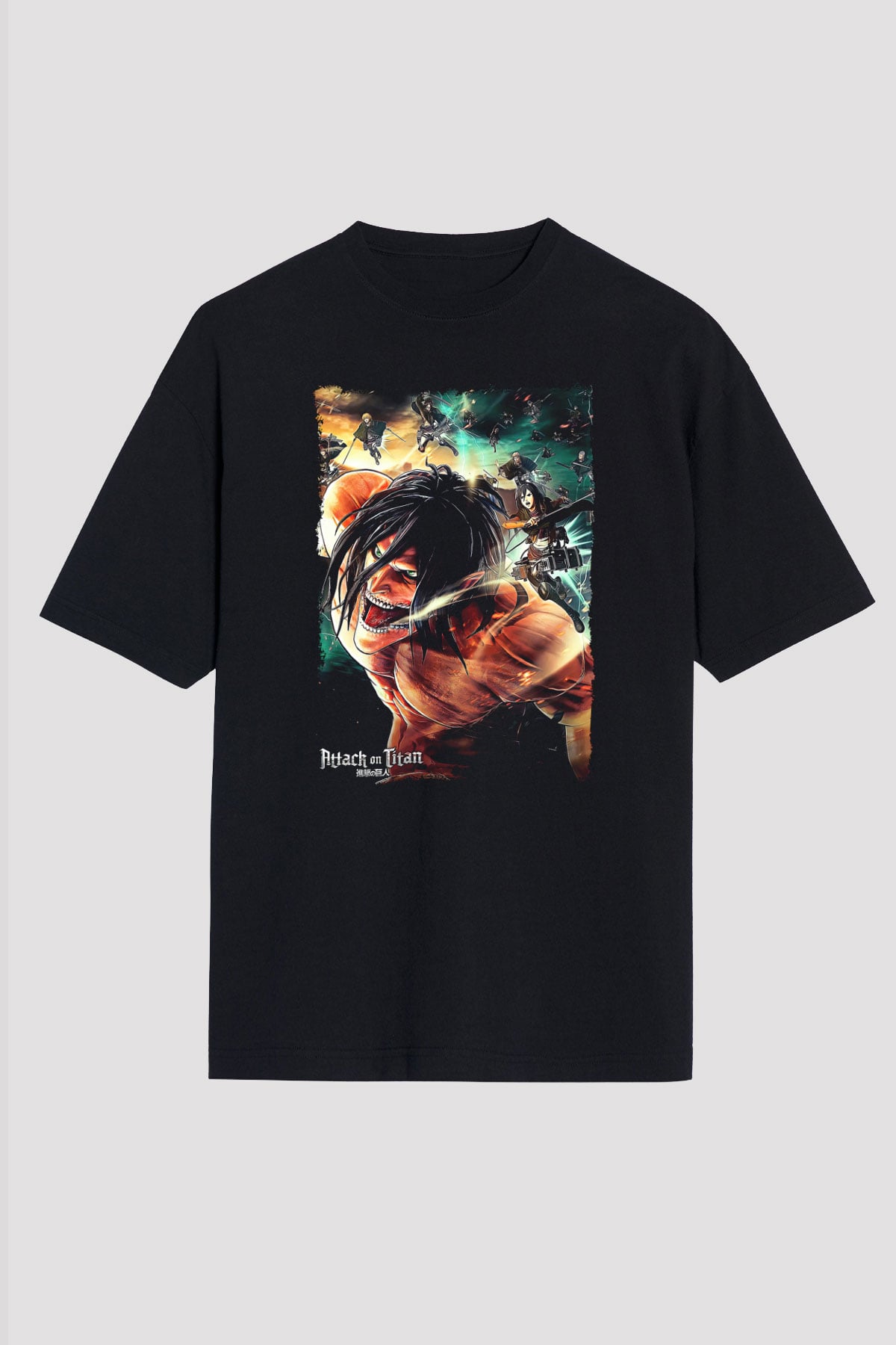 Attack On Titan Baskılı Unisex Siyah Oversize Tişört - Tshirt