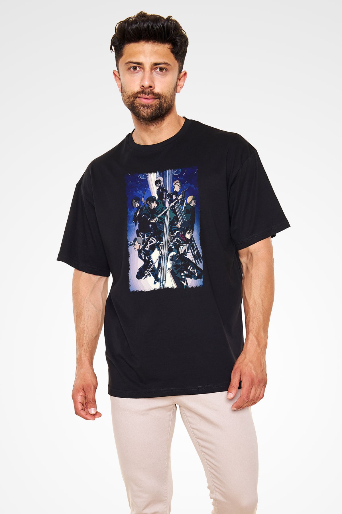 Attack On Titan Baskılı Unisex Siyah Oversize Tişört - Tshirt