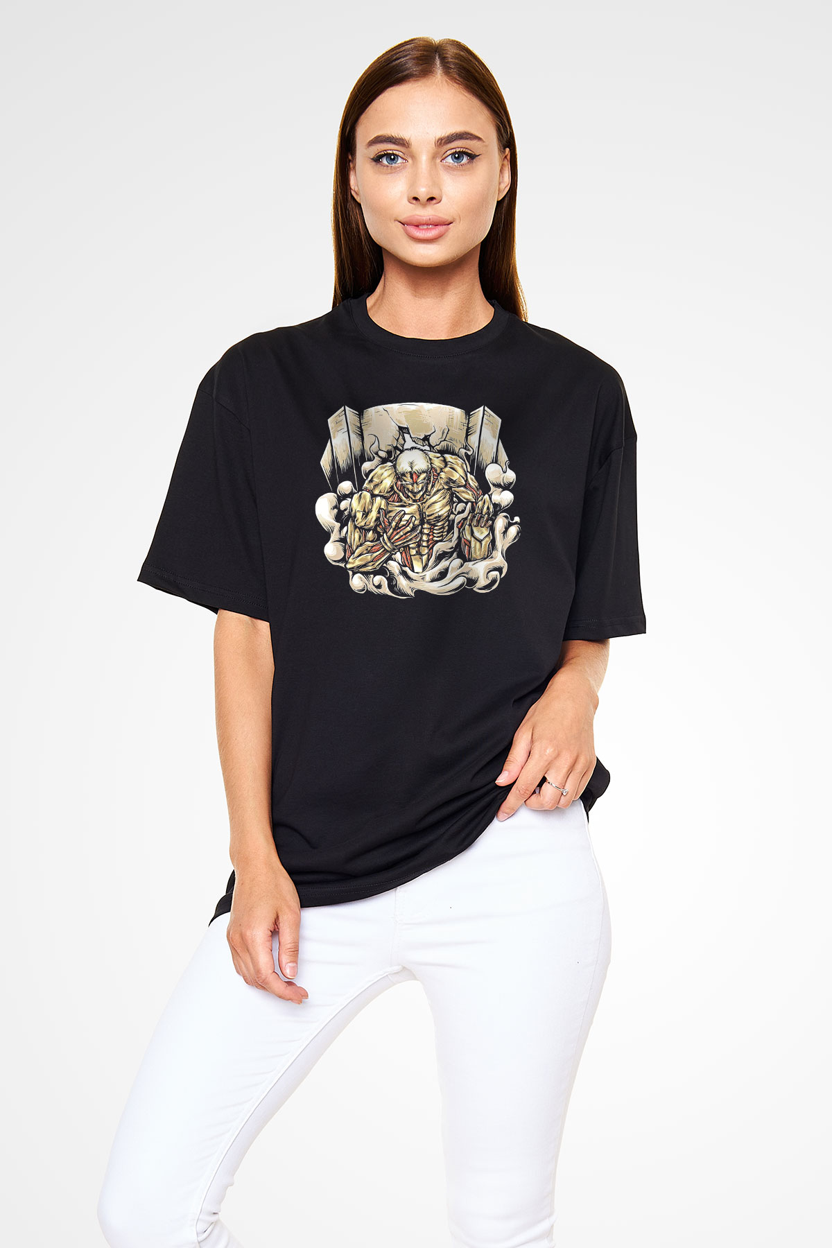 Attack On Titan Baskılı Unisex Siyah Oversize Tişört - Tshirt