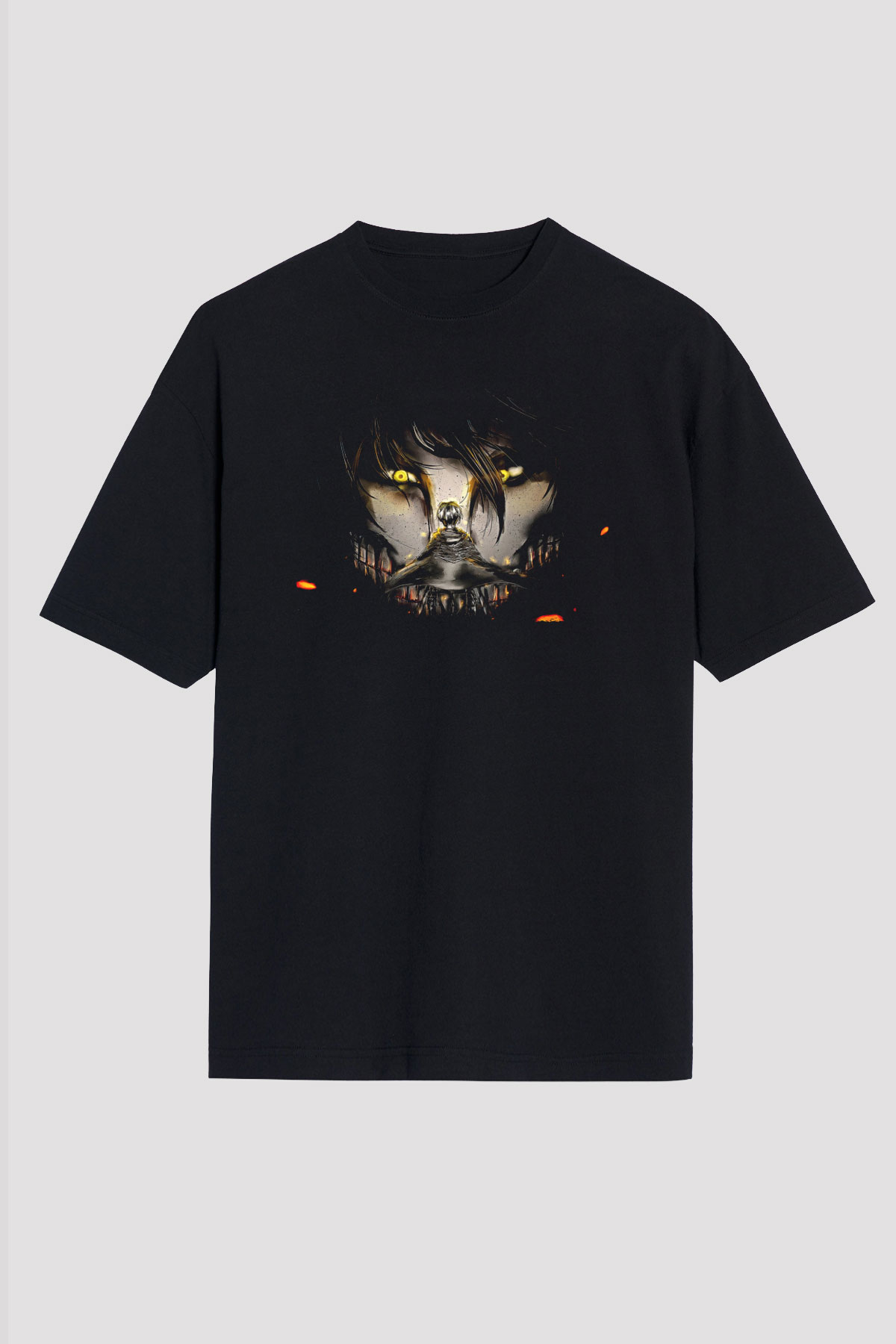 Attack On Titan Baskılı Unisex Siyah Oversize Tişört - Tshirt
