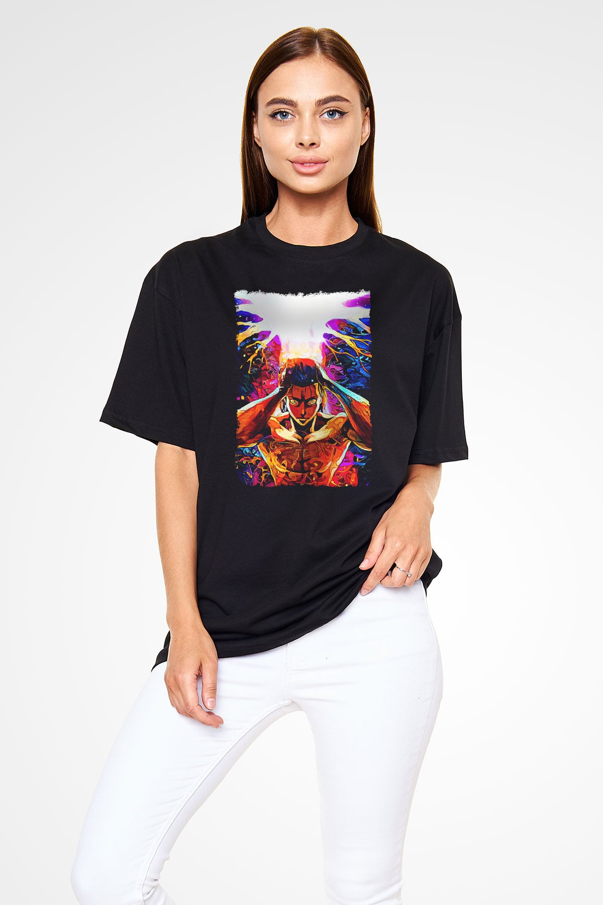 Attack On Titan Baskılı Unisex Siyah Oversize Tişört - Tshirt