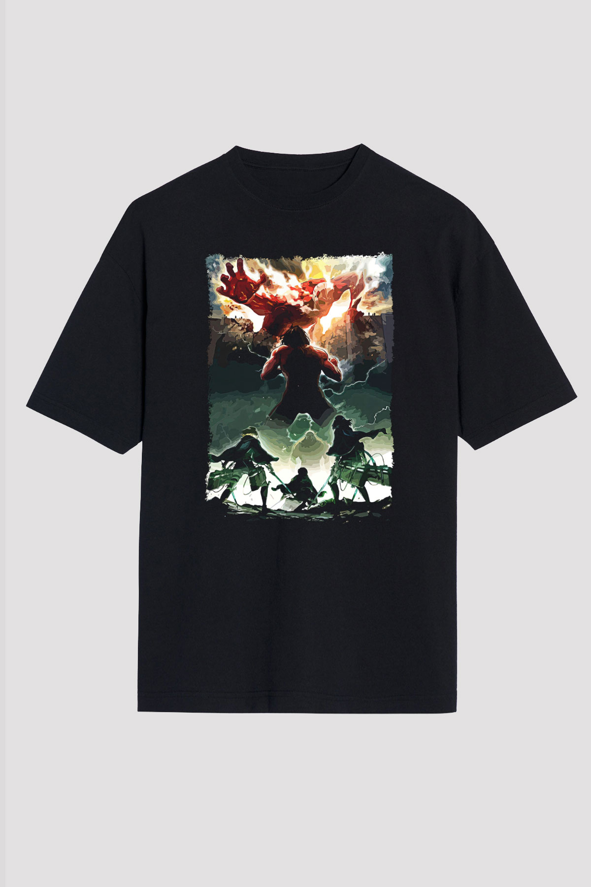 Attack On Titan Baskılı Unisex Siyah Oversize Tişört - Tshirt