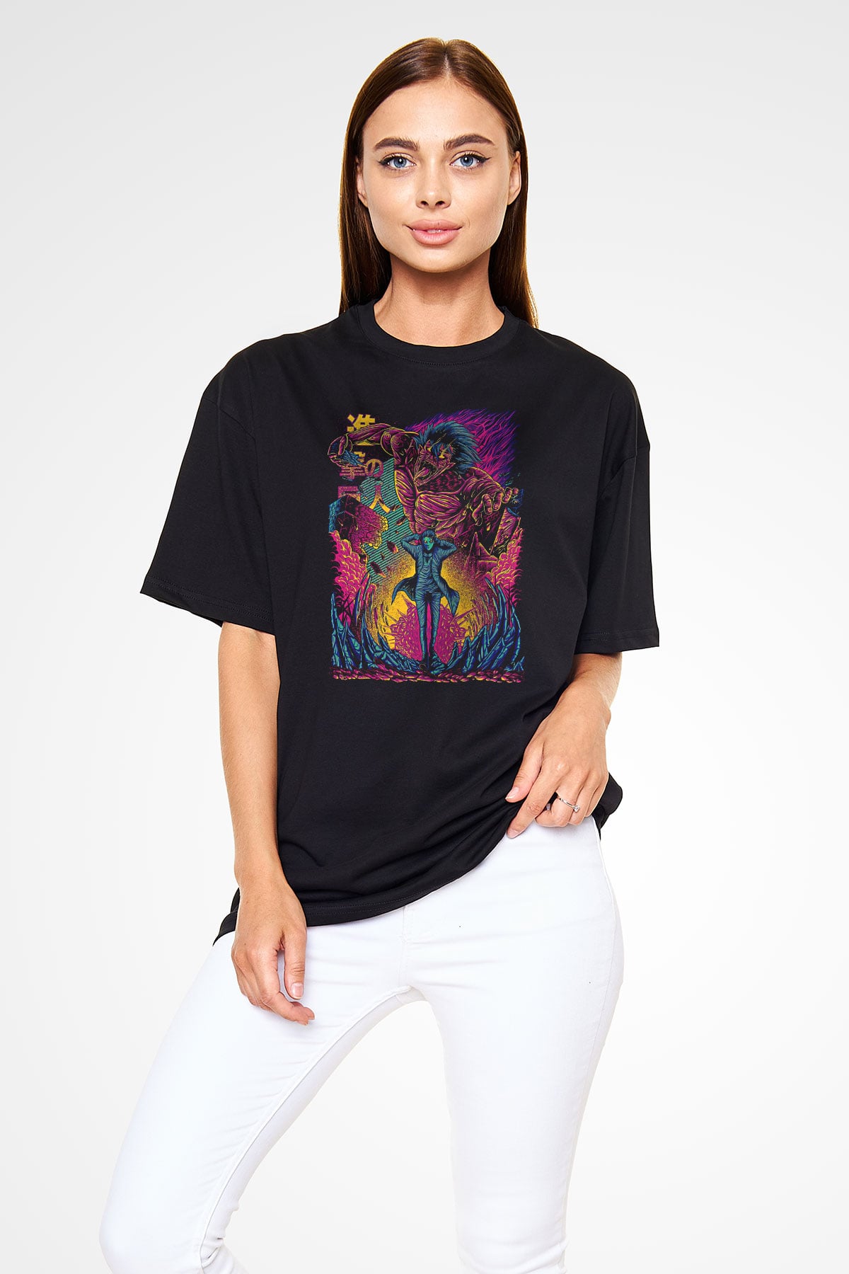 Attack On Titan Baskılı Unisex Siyah Oversize Tişört - Tshirt