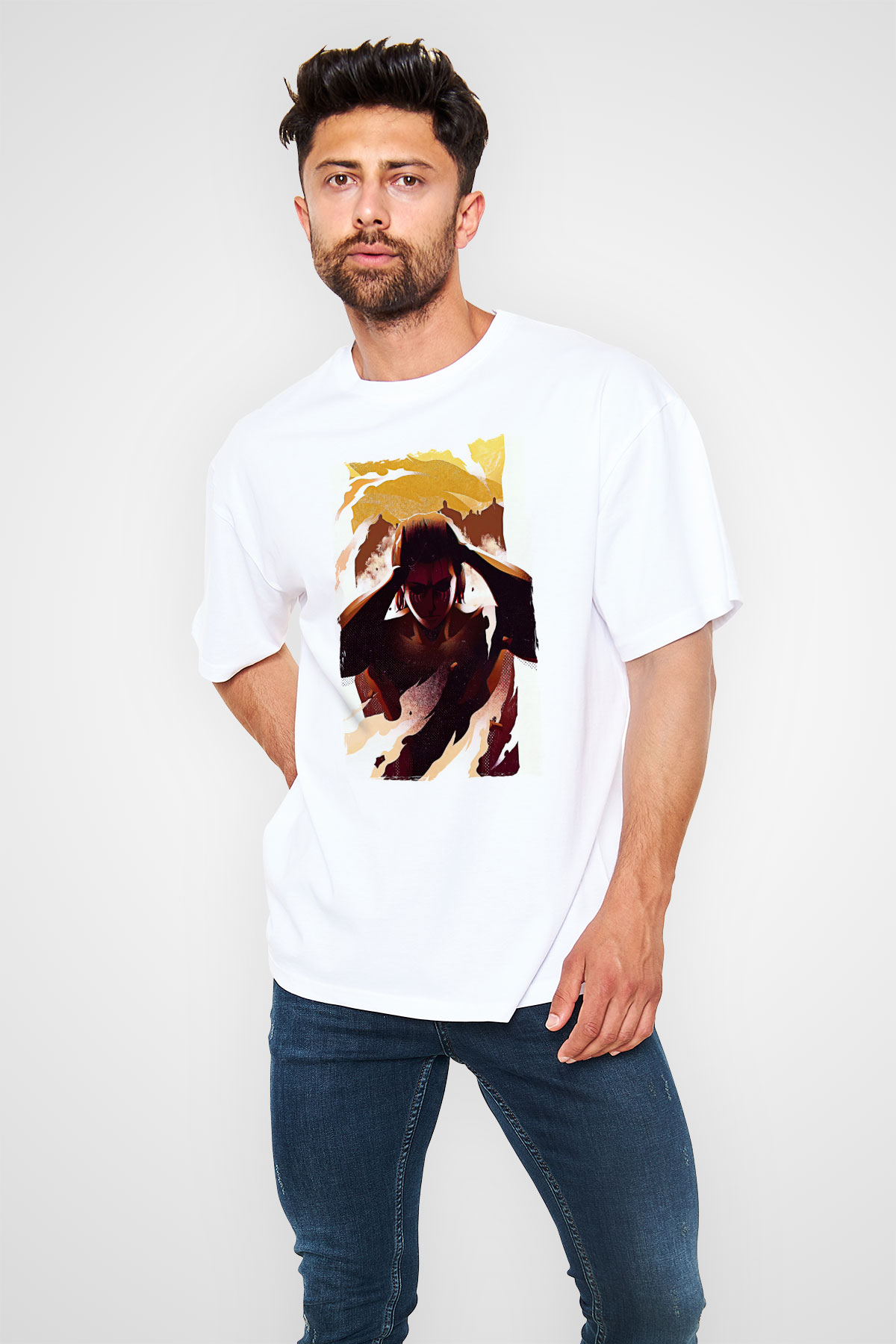 Attack On Titan Baskılı Unisex Siyah Oversize Tişört - Tshirt