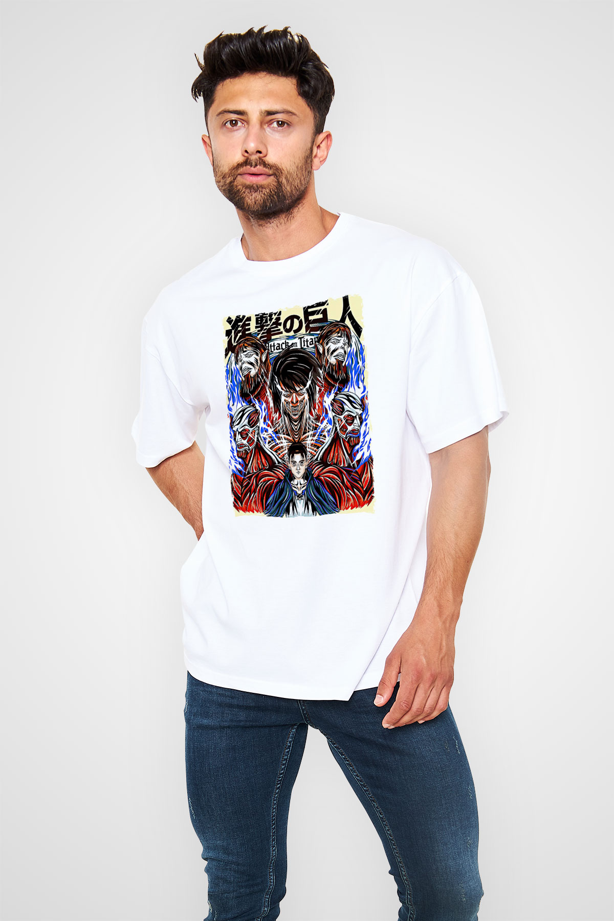 Attack On Titan Baskılı Unisex Siyah Oversize Tişört - Tshirt