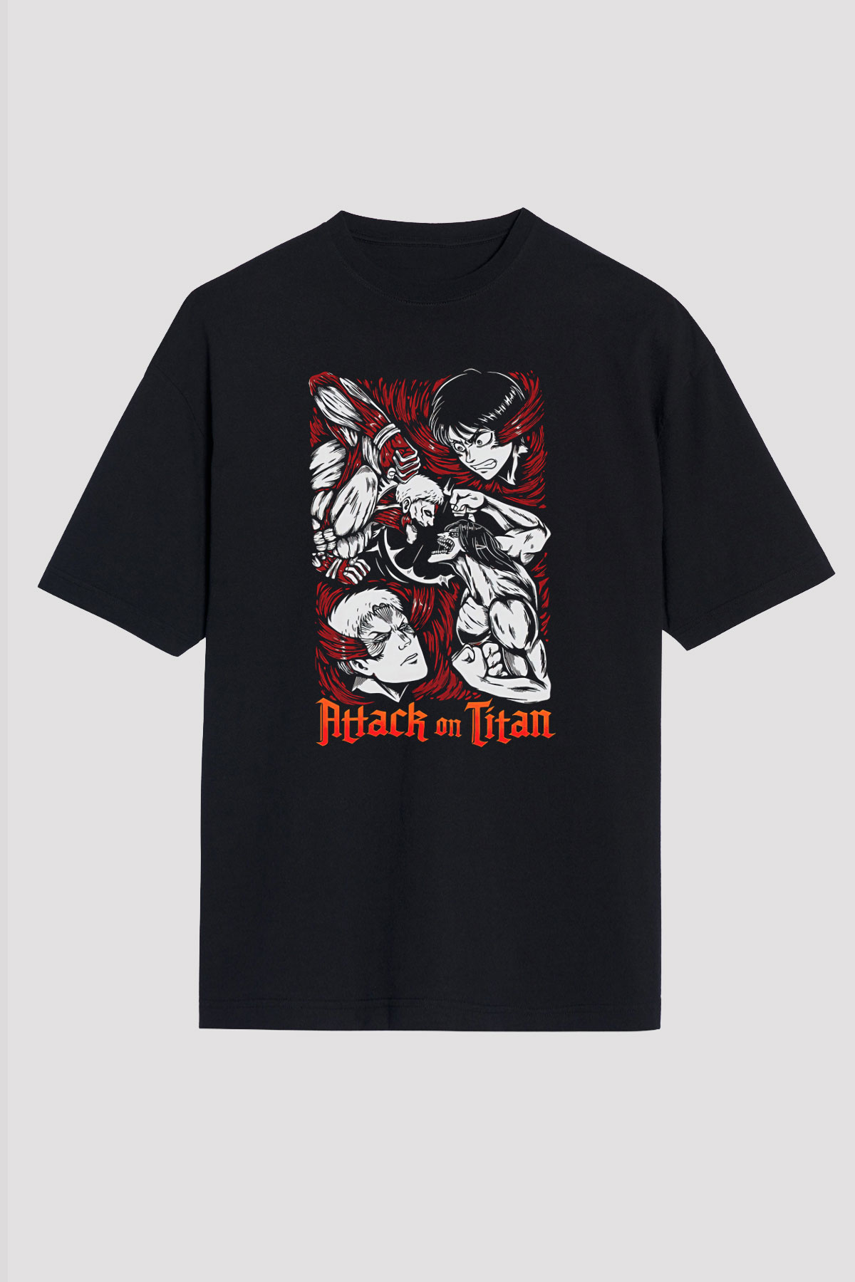 Attack On Titan Baskılı Unisex Siyah Oversize Tişört - Tshirt