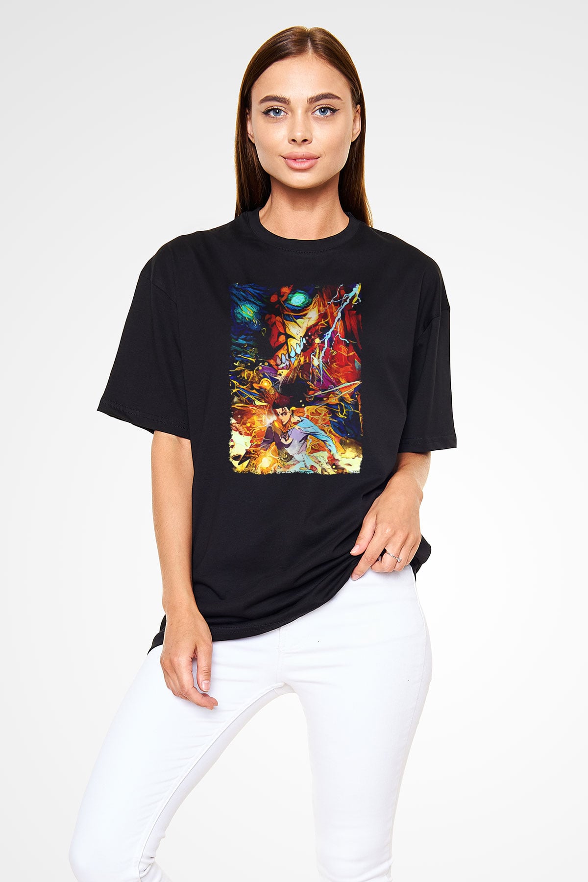 Attack On Titan Baskılı Unisex Siyah Oversize Tişört - Tshirt