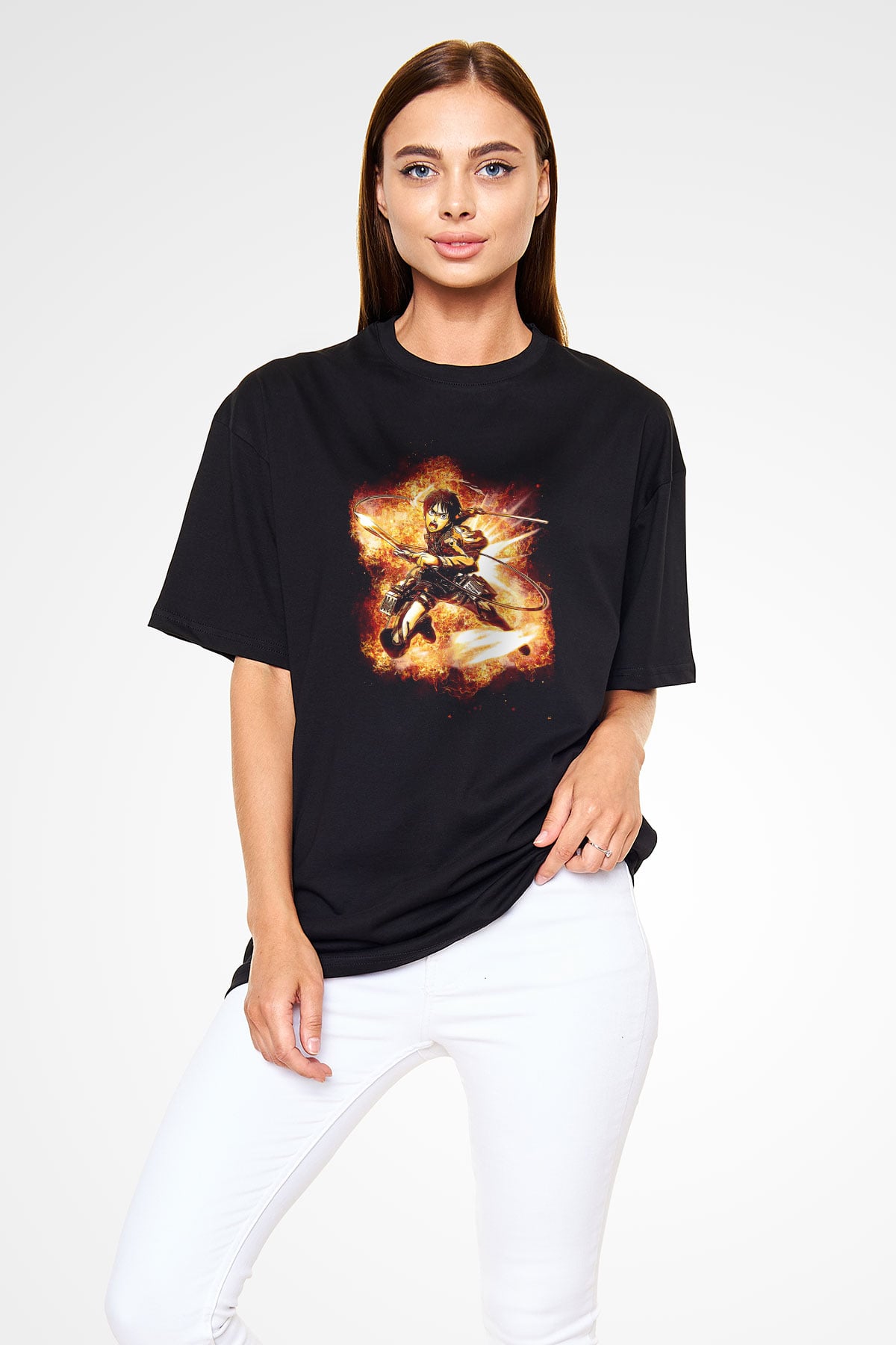 Attack On Titan Baskılı Unisex Siyah Oversize Tişört - Tshirt