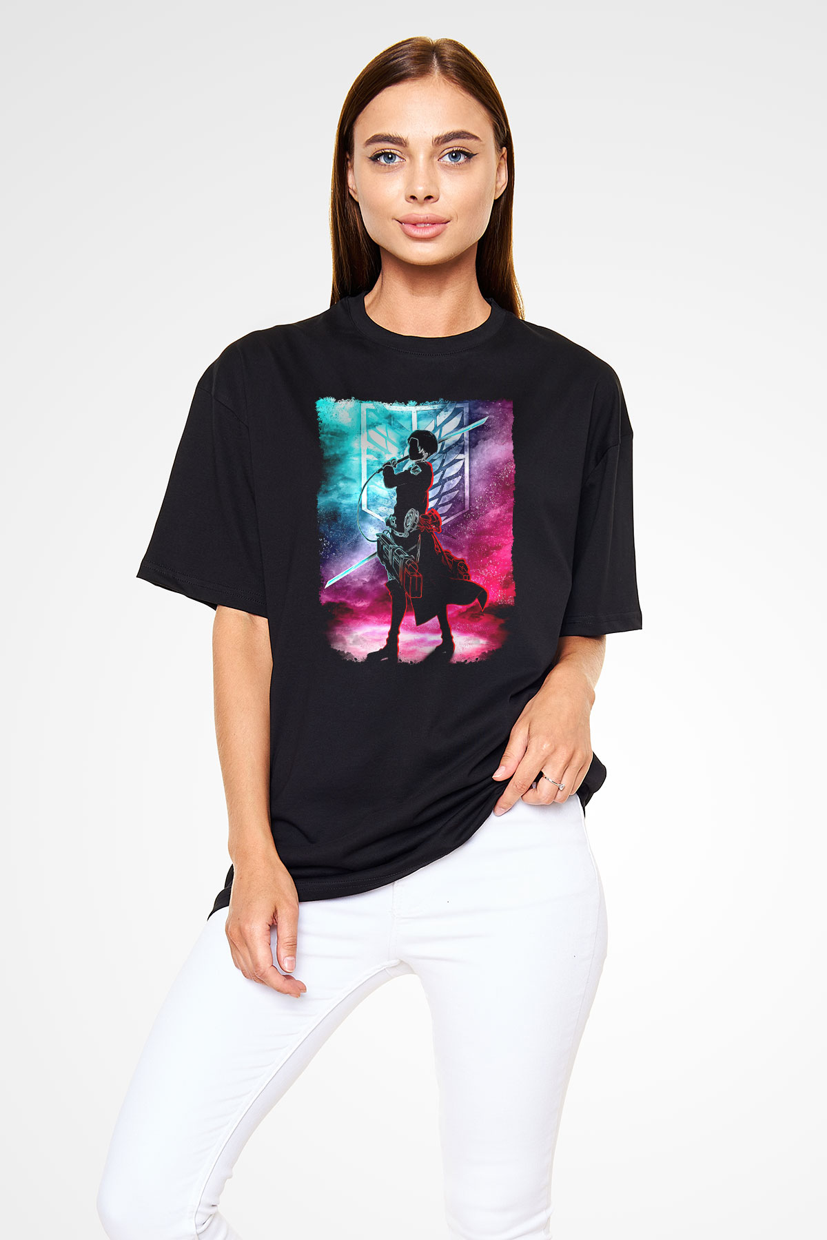 Attack On Titan Baskılı Unisex Siyah Oversize Tişört - Tshirt
