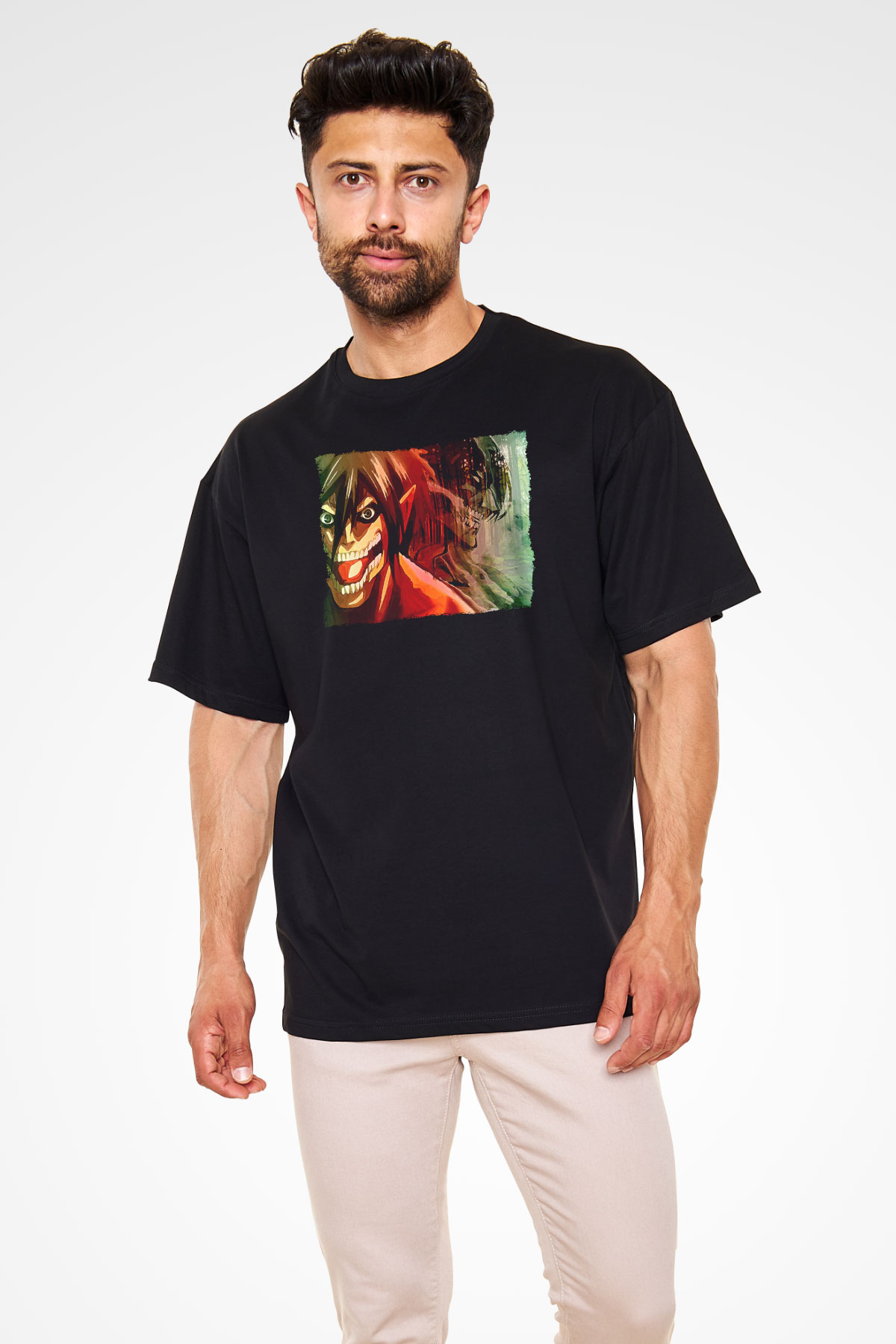 Attack On Titan Baskılı Unisex Siyah Oversize Tişört - Tshirt