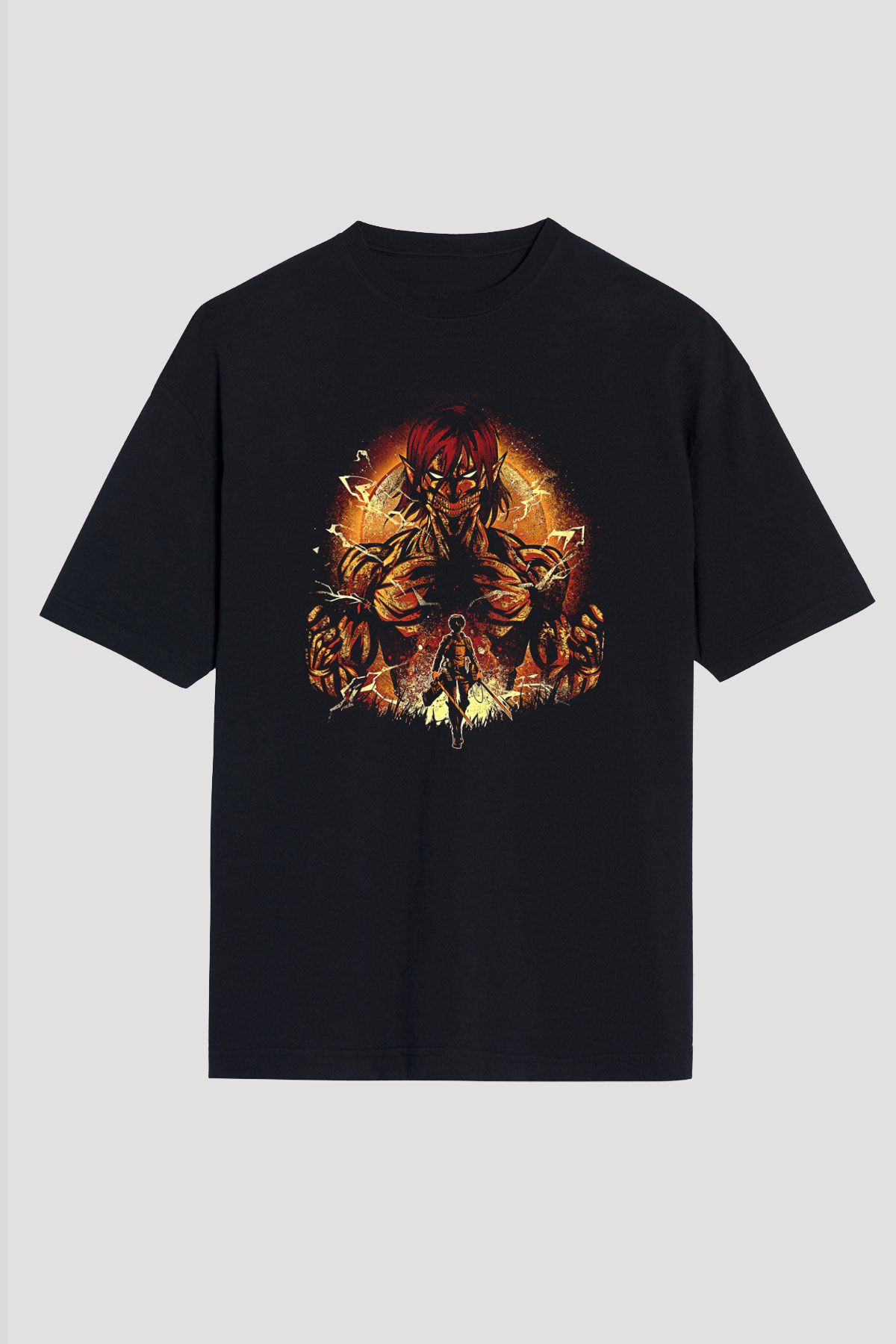 Attack On Titan Baskılı Unisex Siyah Oversize Tişört - Tshirt