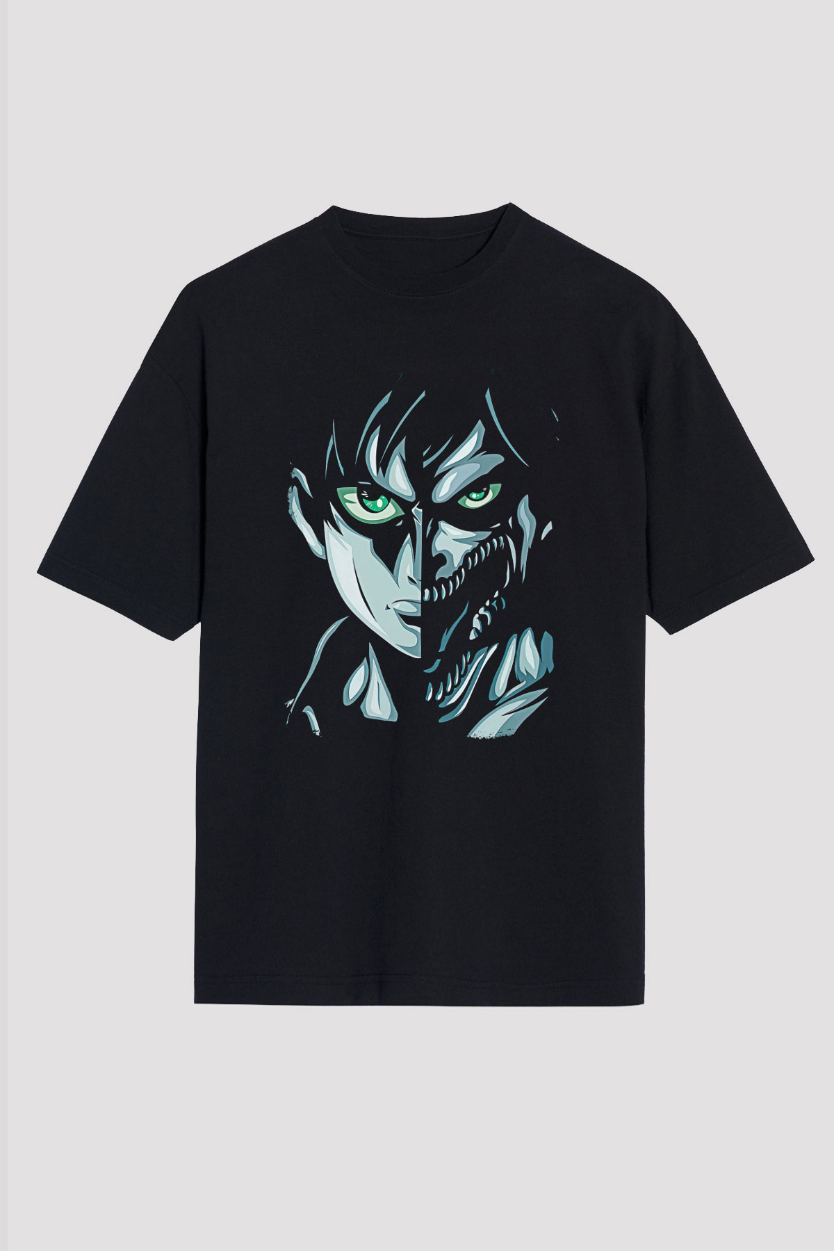 Attack On Titan Baskılı Unisex Siyah Oversize Tişört - Tshirt