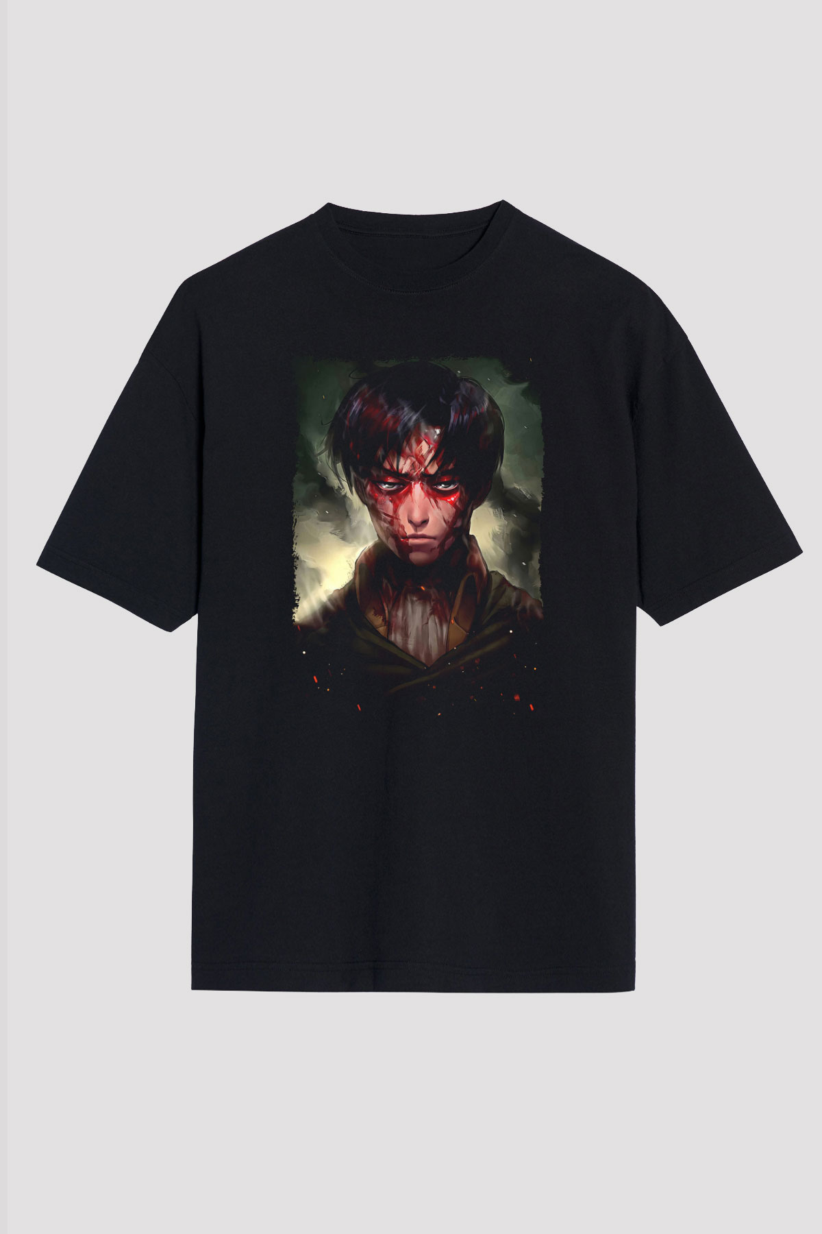 Attack On Titan Baskılı Unisex Siyah Oversize Tişört - Tshirt