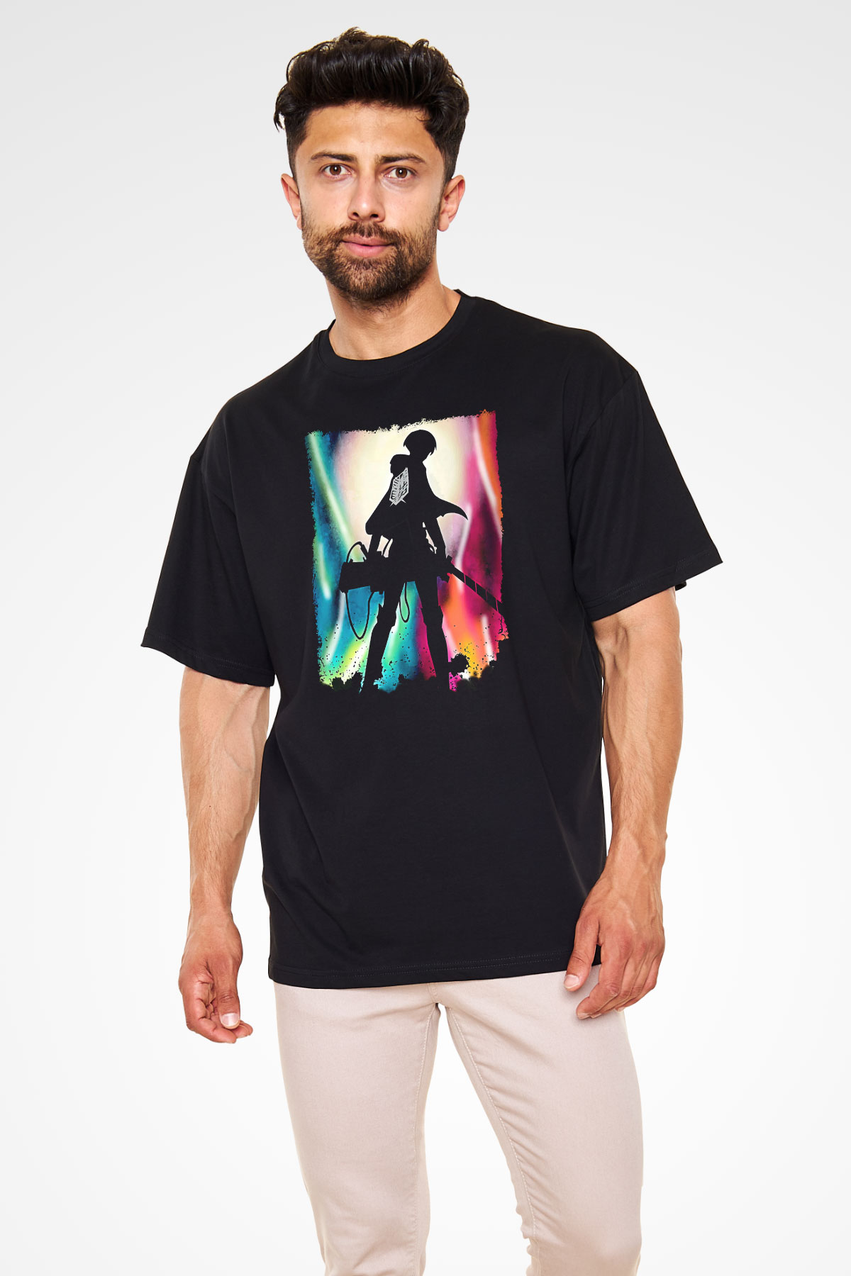 Attack On Titan Baskılı Unisex Siyah Oversize Tişört - Tshirt