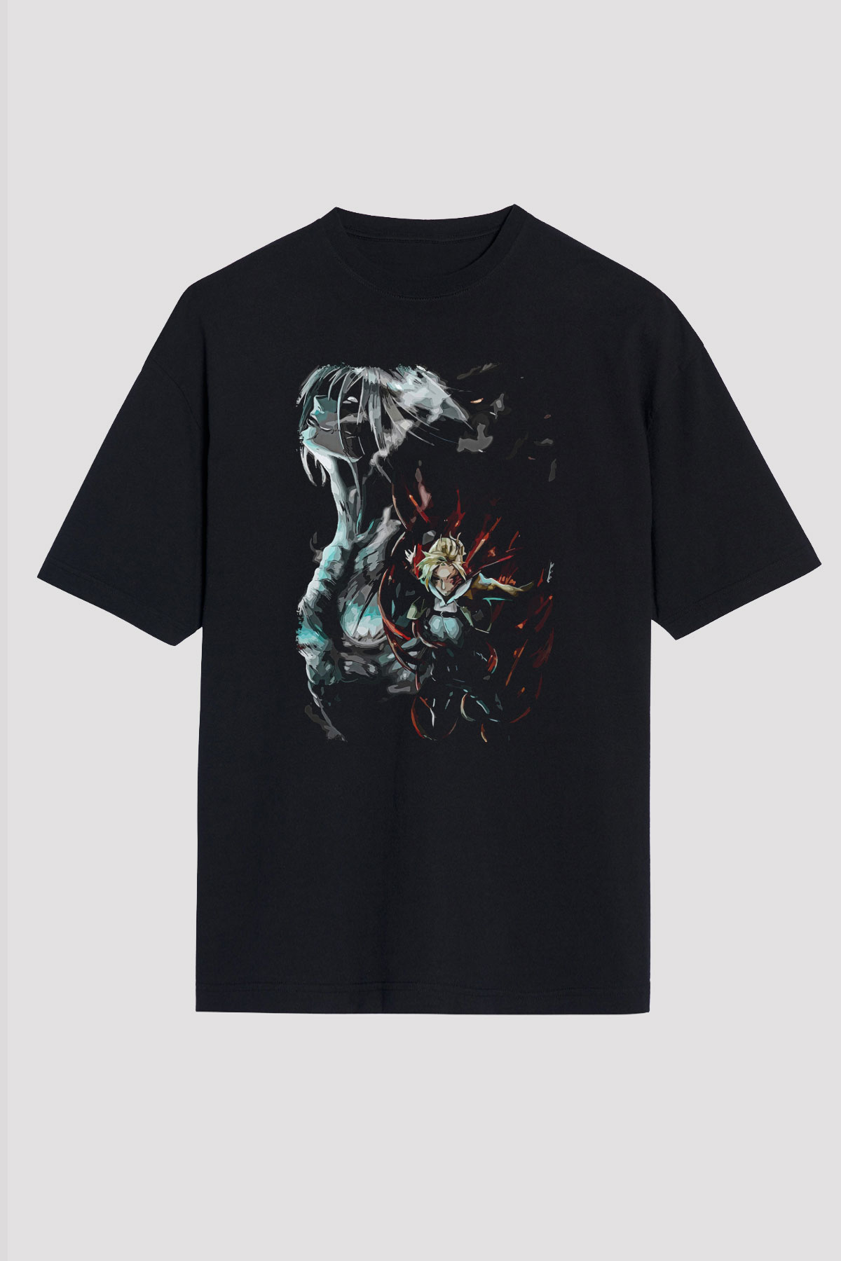 Attack On Titan Baskılı Unisex Siyah Oversize Tişört - Tshirt