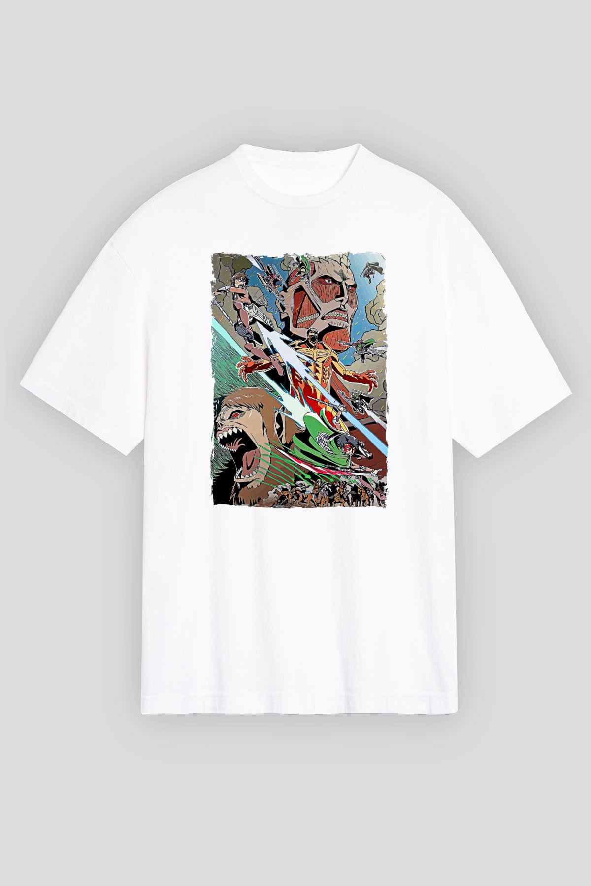 Attack On Titan Baskılı Unisex Siyah Oversize Tişört - Tshirt
