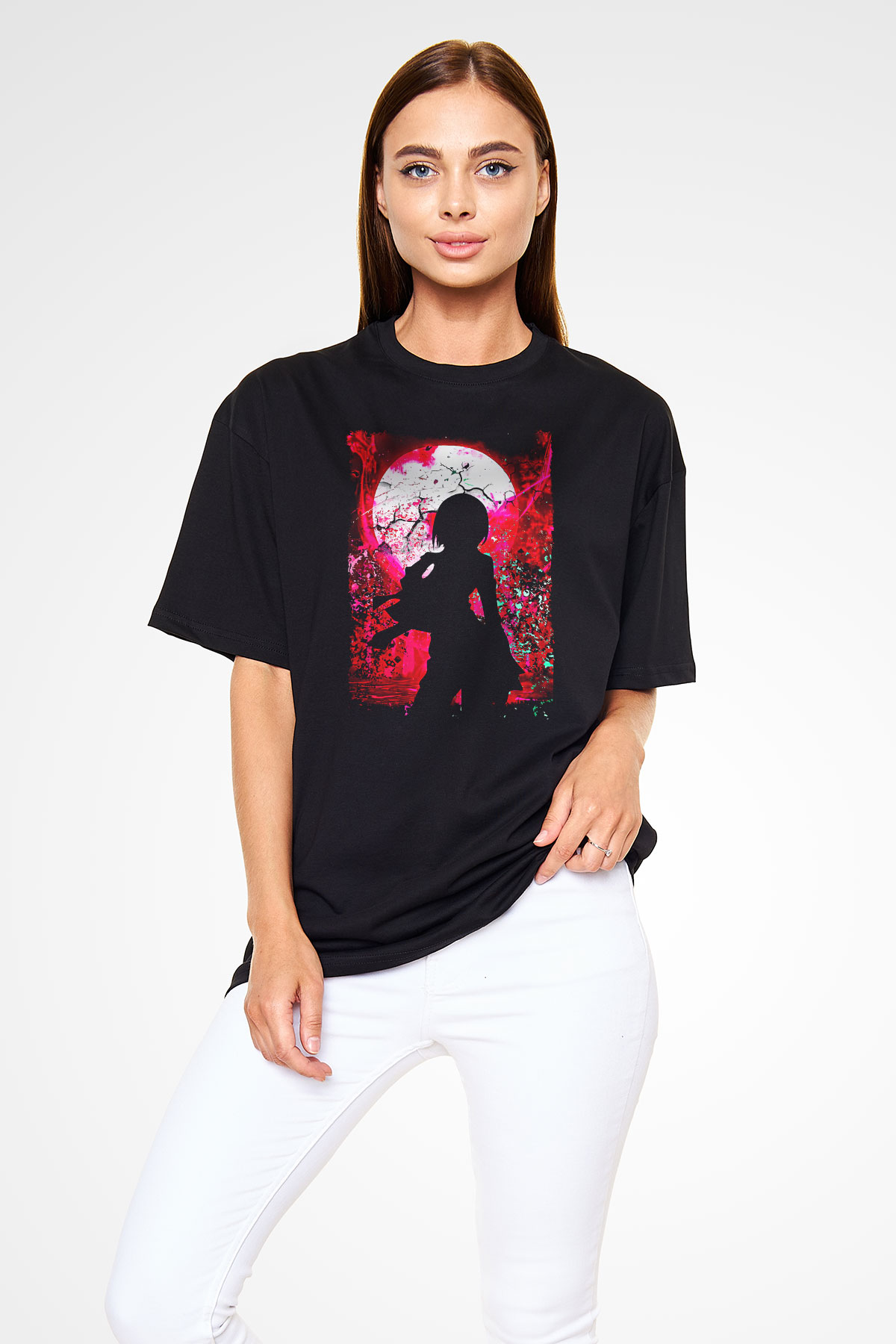Attack On Titan Baskılı Unisex Siyah Oversize Tişört - Tshirt
