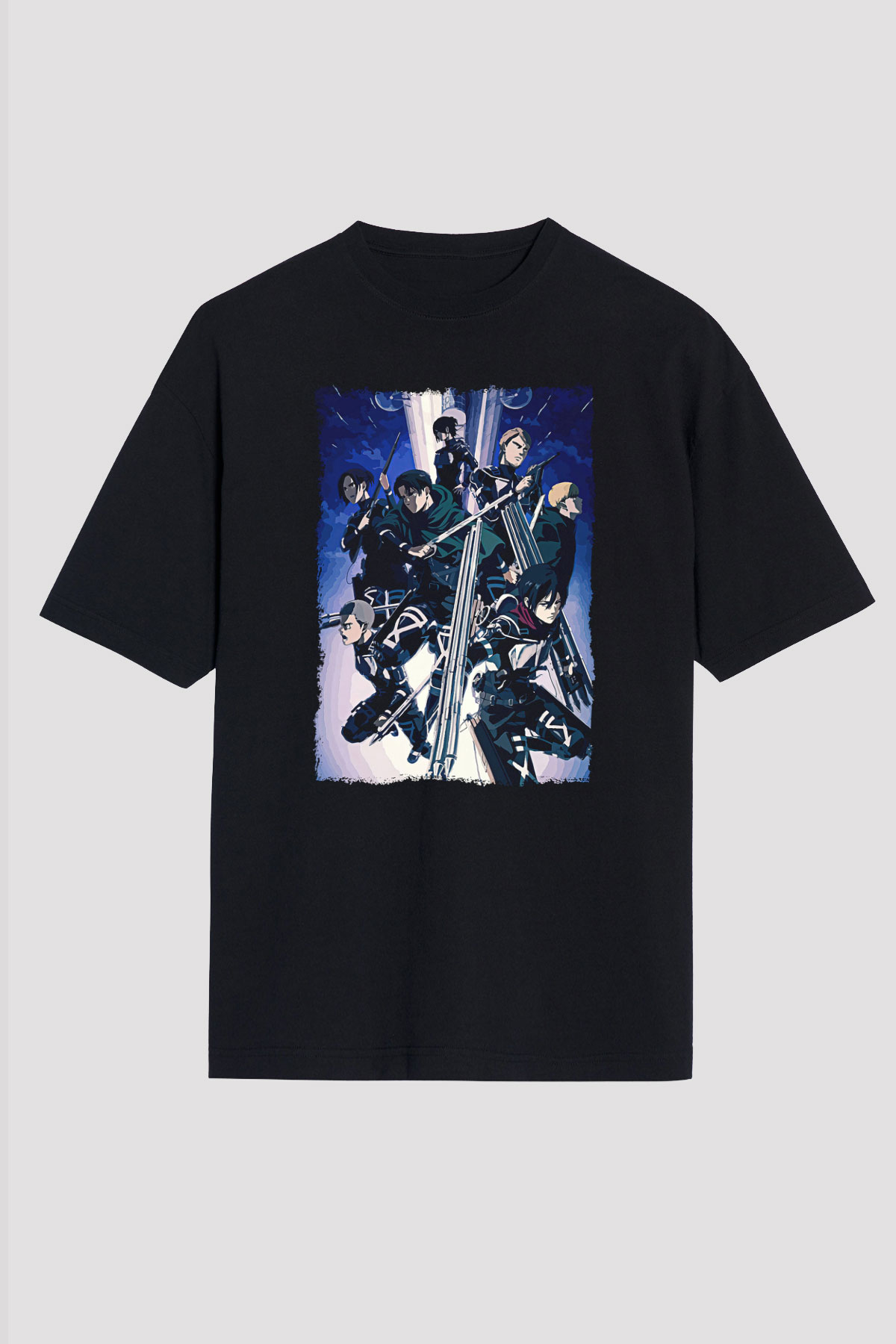 Attack On Titan Baskılı Unisex Siyah Oversize Tişört - Tshirt