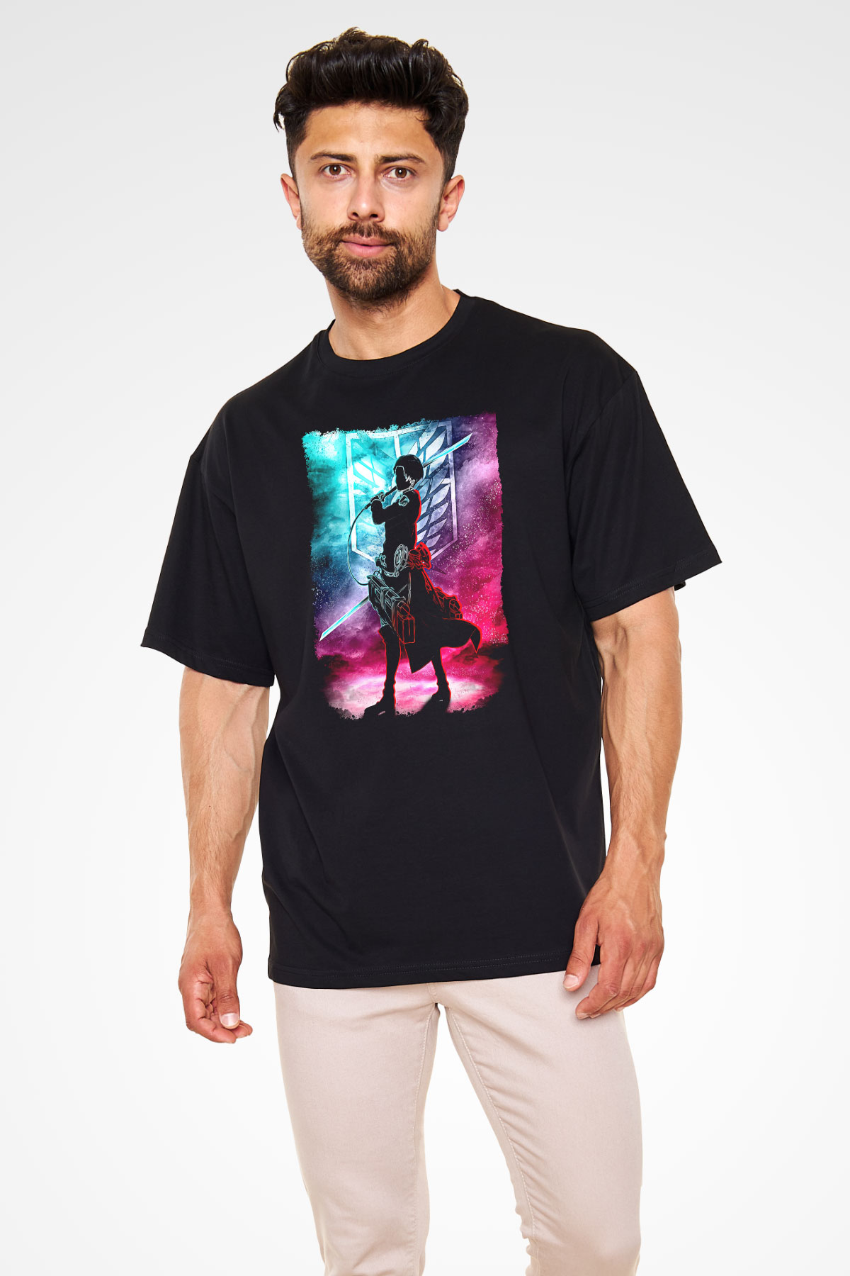Attack On Titan Baskılı Unisex Siyah Oversize Tişört - Tshirt