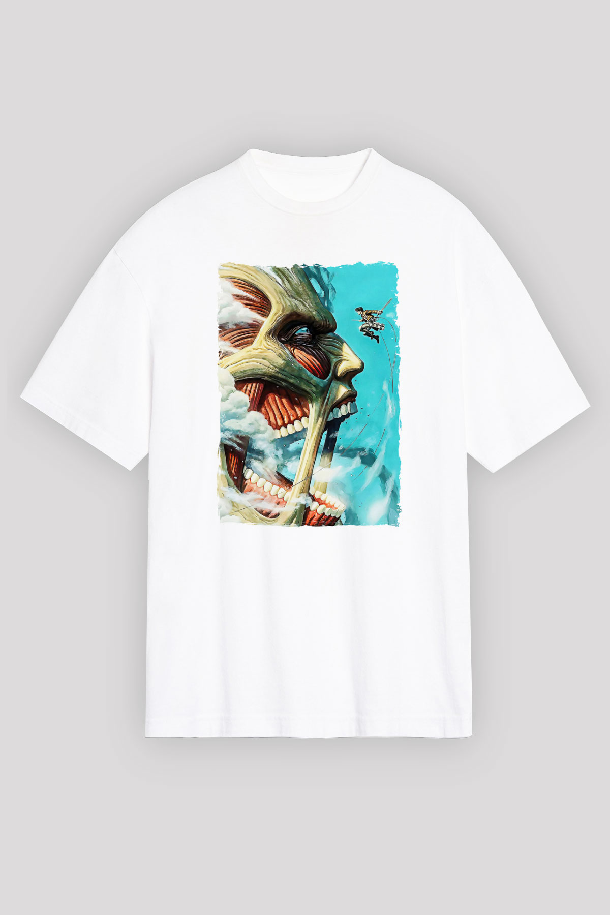 Attack On Titan Baskılı Unisex Siyah Oversize Tişört - Tshirt