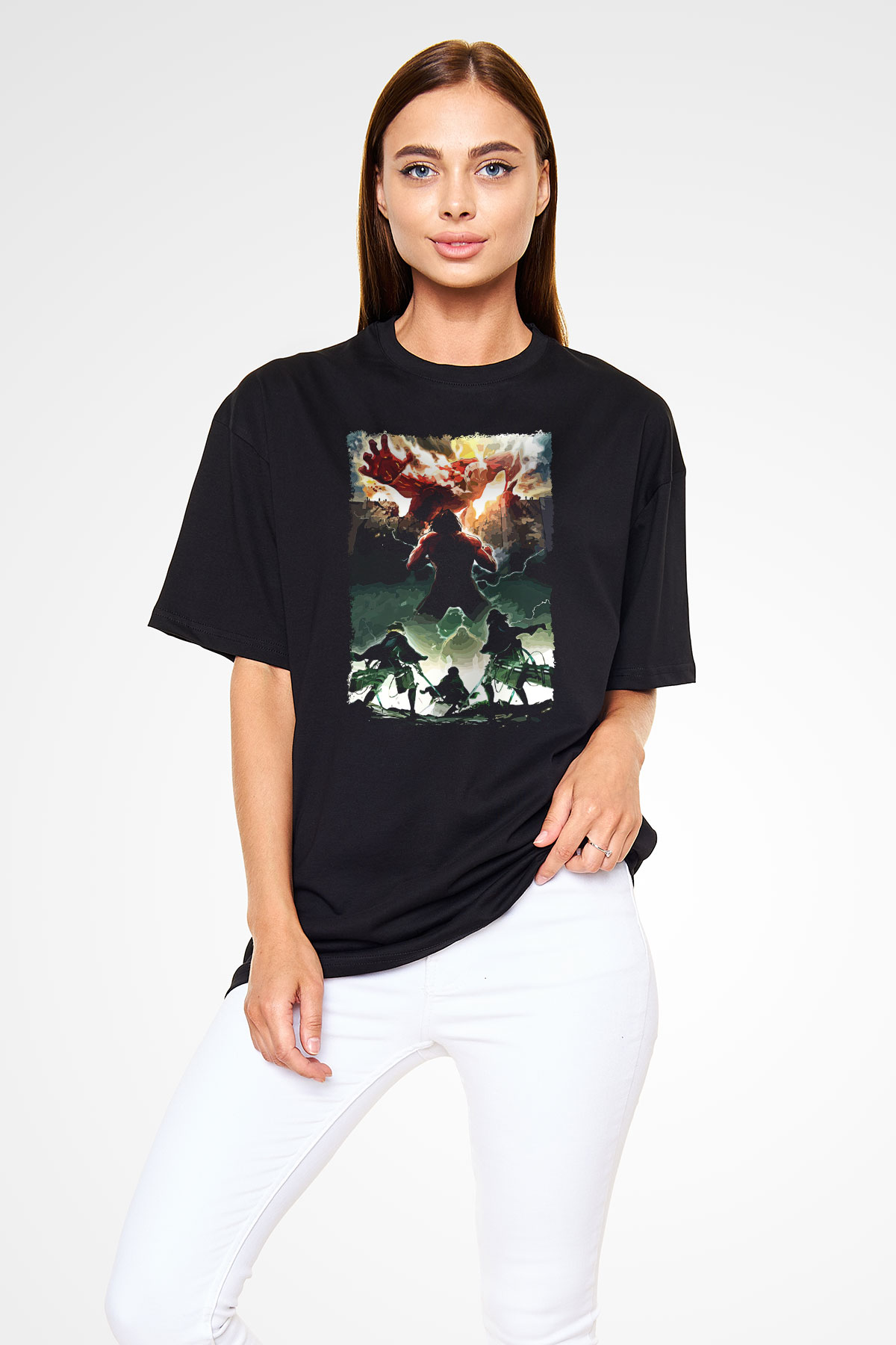 Attack On Titan Baskılı Unisex Siyah Oversize Tişört - Tshirt