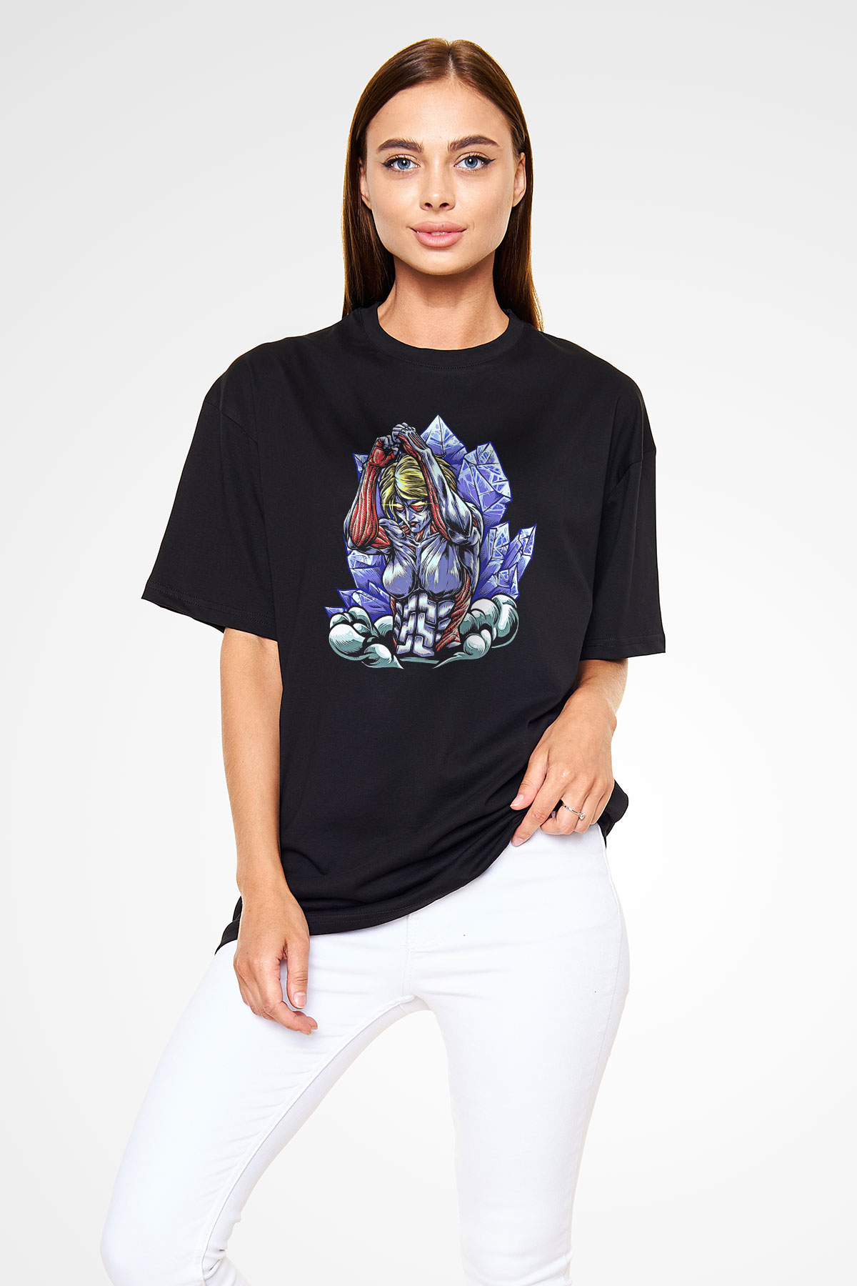Attack On Titan Baskılı Unisex Siyah Oversize Tişört - Tshirt